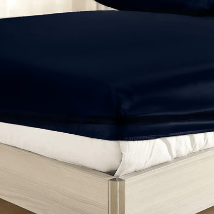 19 Momme Silk Deep Fitted Sheet - Corner Image Of the Fitted Sheet - Close Up - Main Product Image - Navy Blue