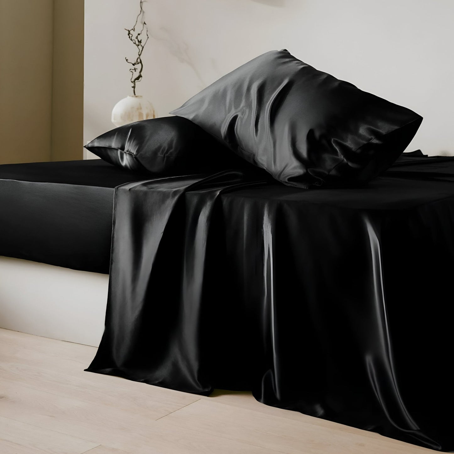 19 Momme Silk Flat Sheet - Front Side view - Close Up - Main Product Image - Black