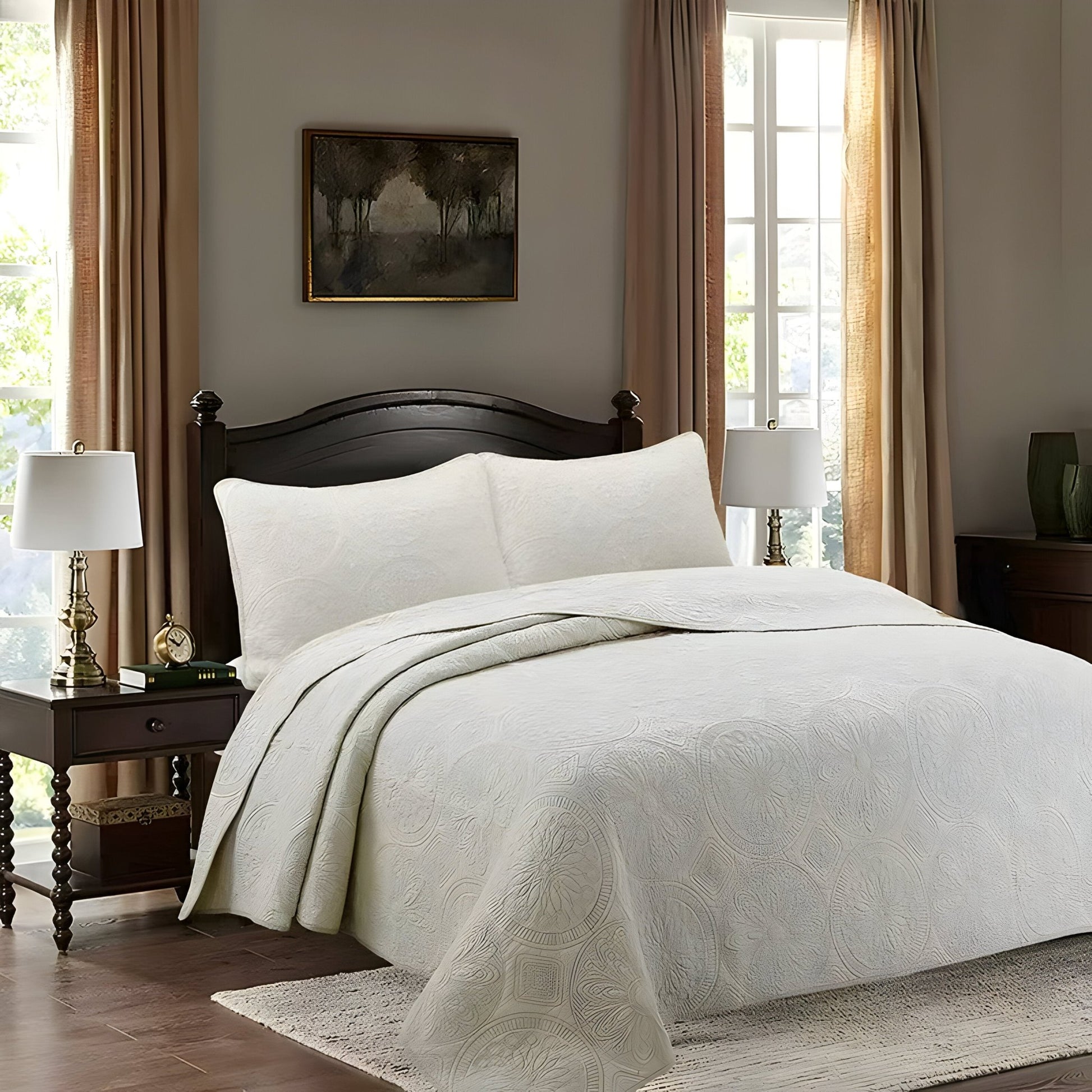 Ada Cotton Bedspread Set - Front Side View - Beige