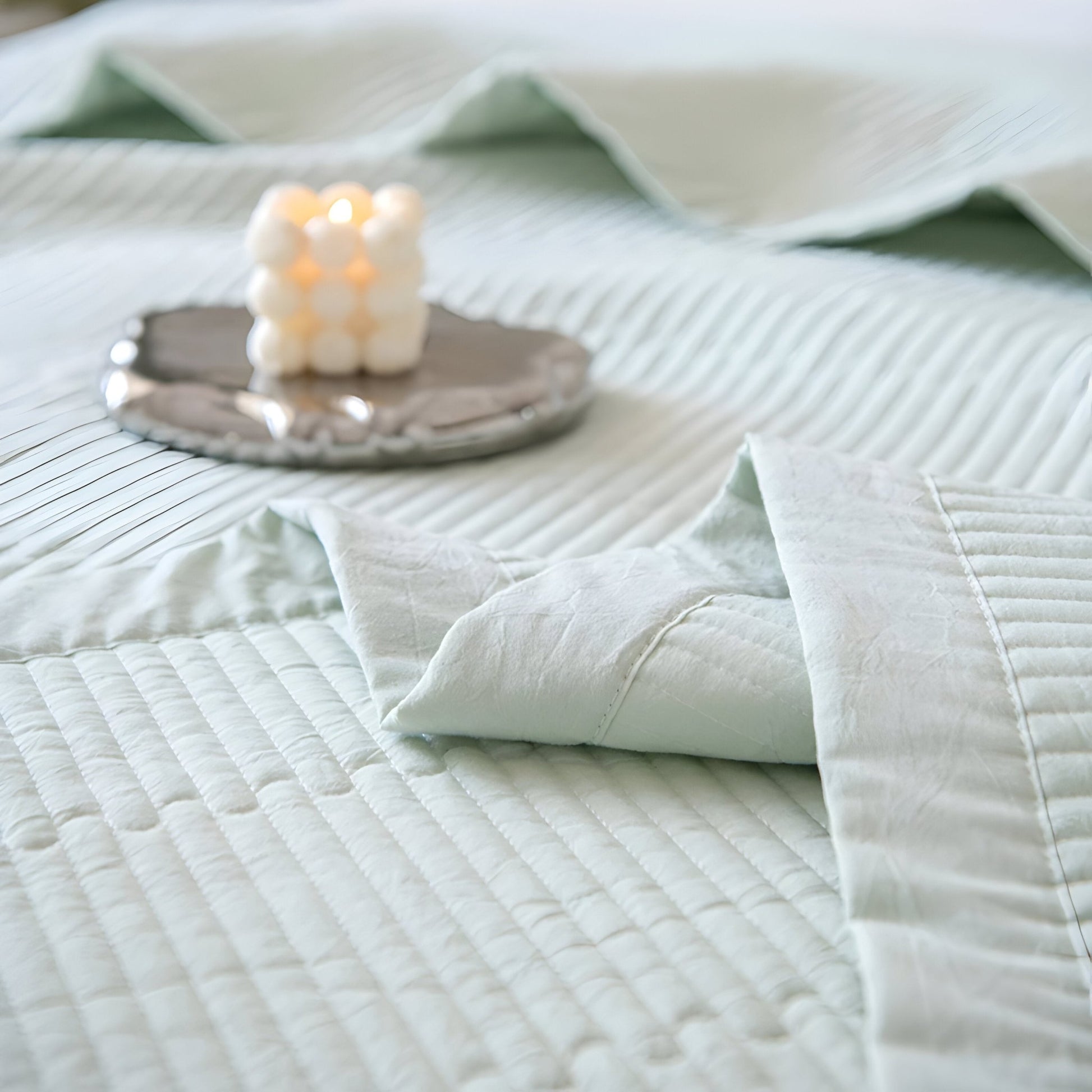 Adele Washed Cotton Bedspread - Close Up Of Detailing - Pastel Green