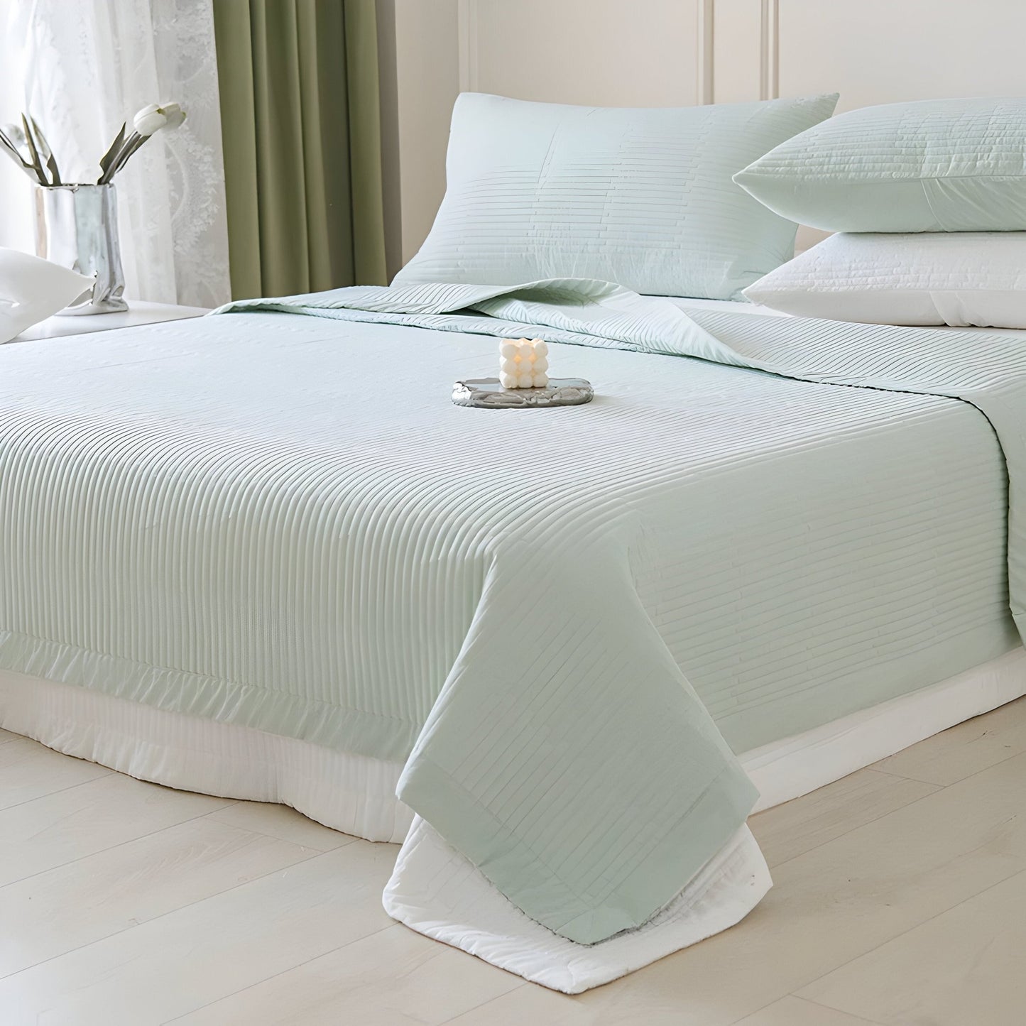 Adele Washed Cotton Bedspread - Side View - Right Side - Pastel Green