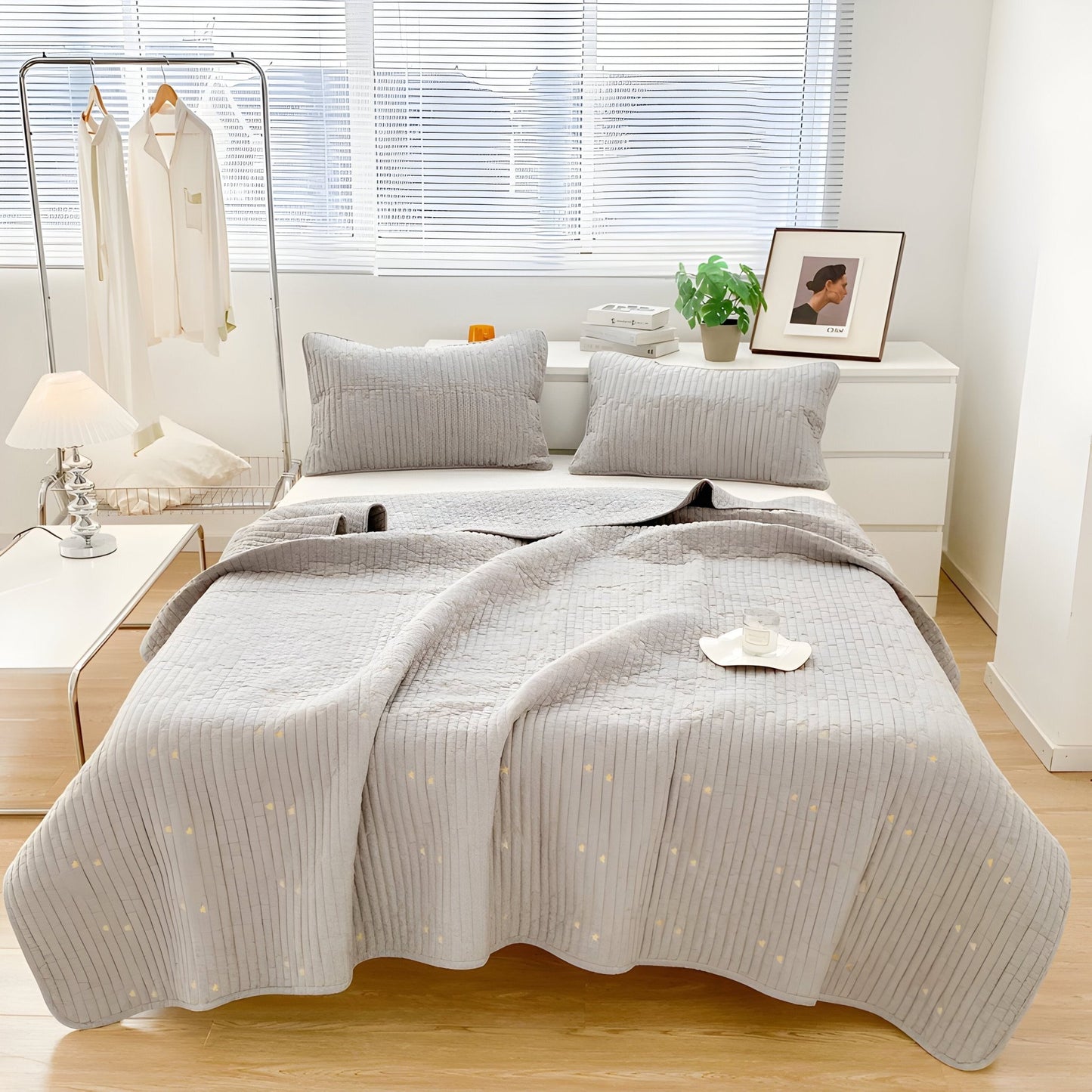 Adeline Washed Cotton Bedspread - Front Side View - Main Product Image - Light Gray