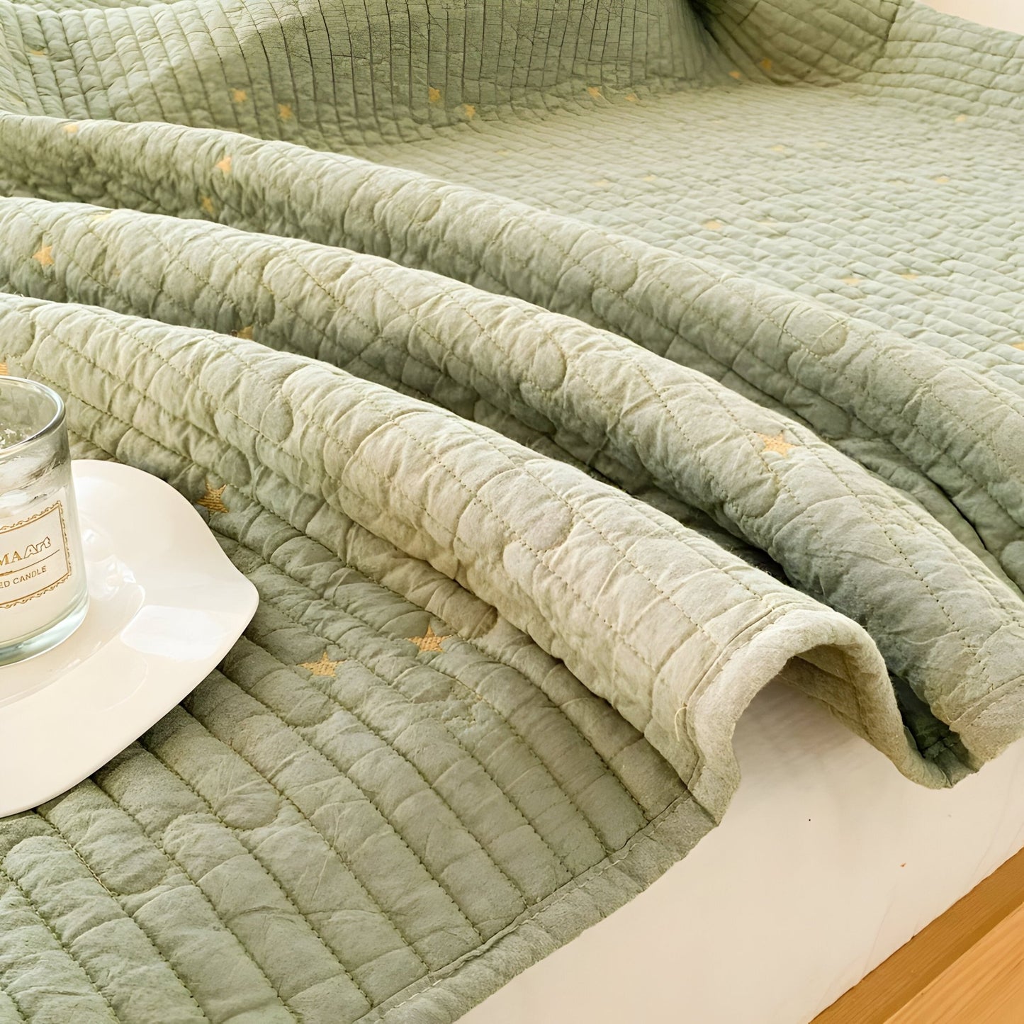 Adeline Washed Cotton Bedspread - Close Up Of Detailing - Lime Green