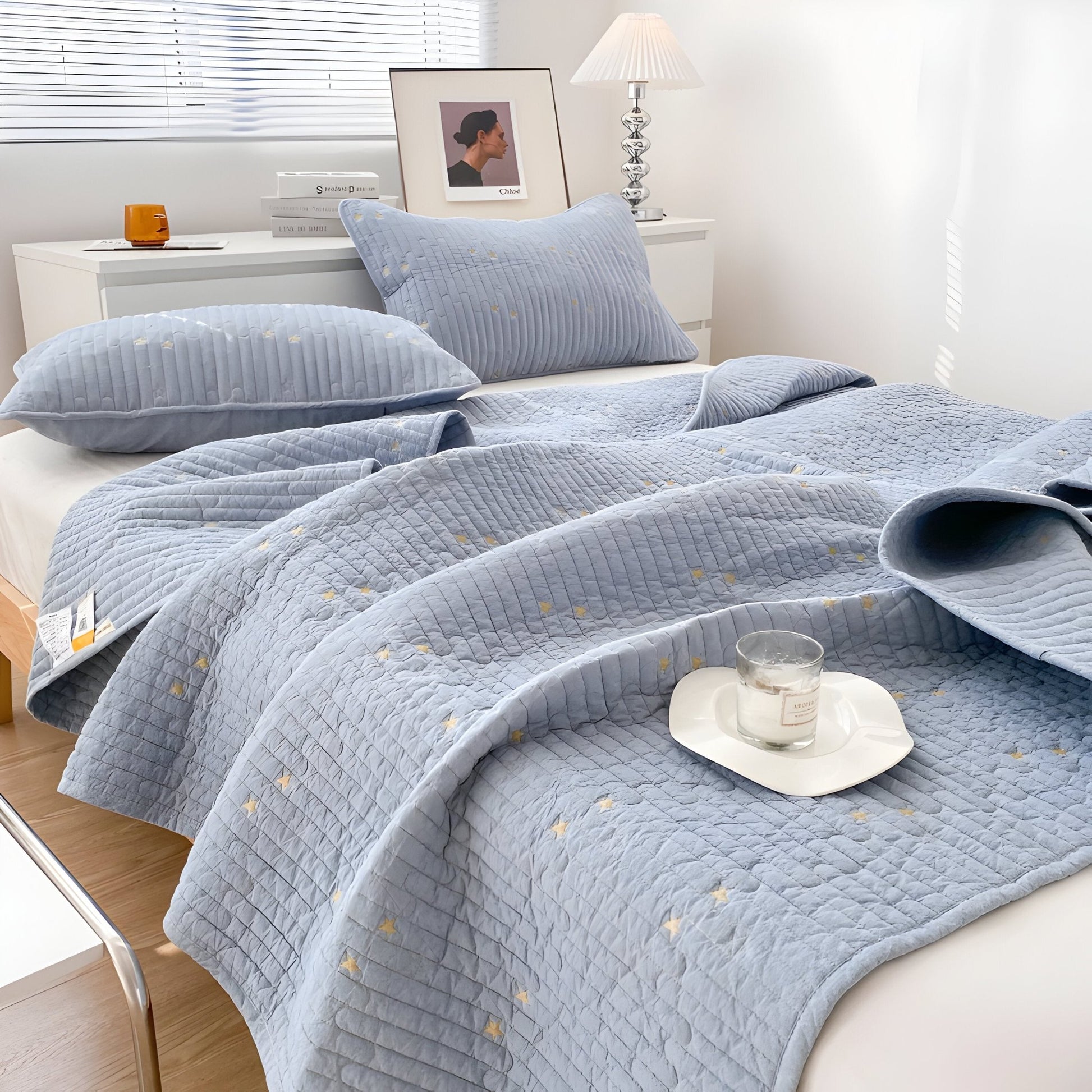 Adeline Washed Cotton Bedspread - Side View - Left Side - Close Up - Blue