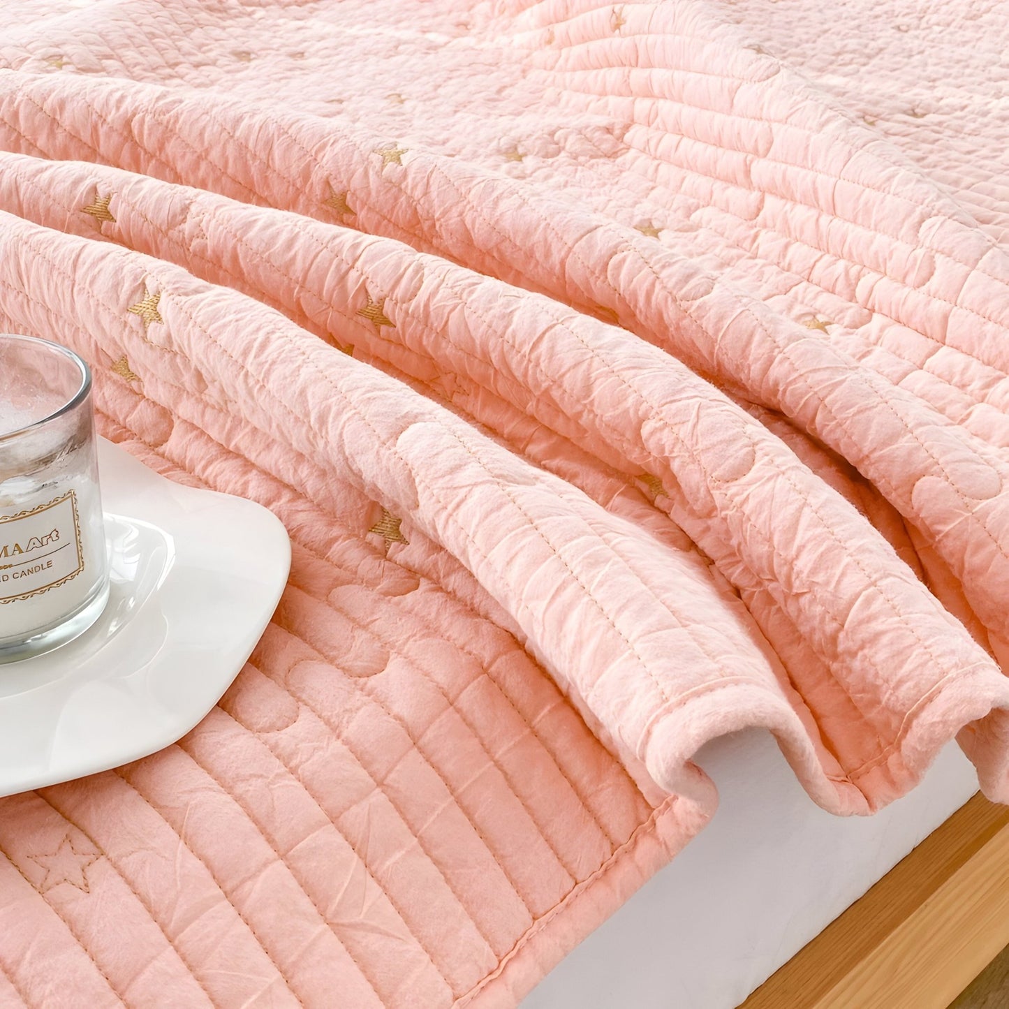 Adeline Washed Cotton Bedspread - Close Up - Peach