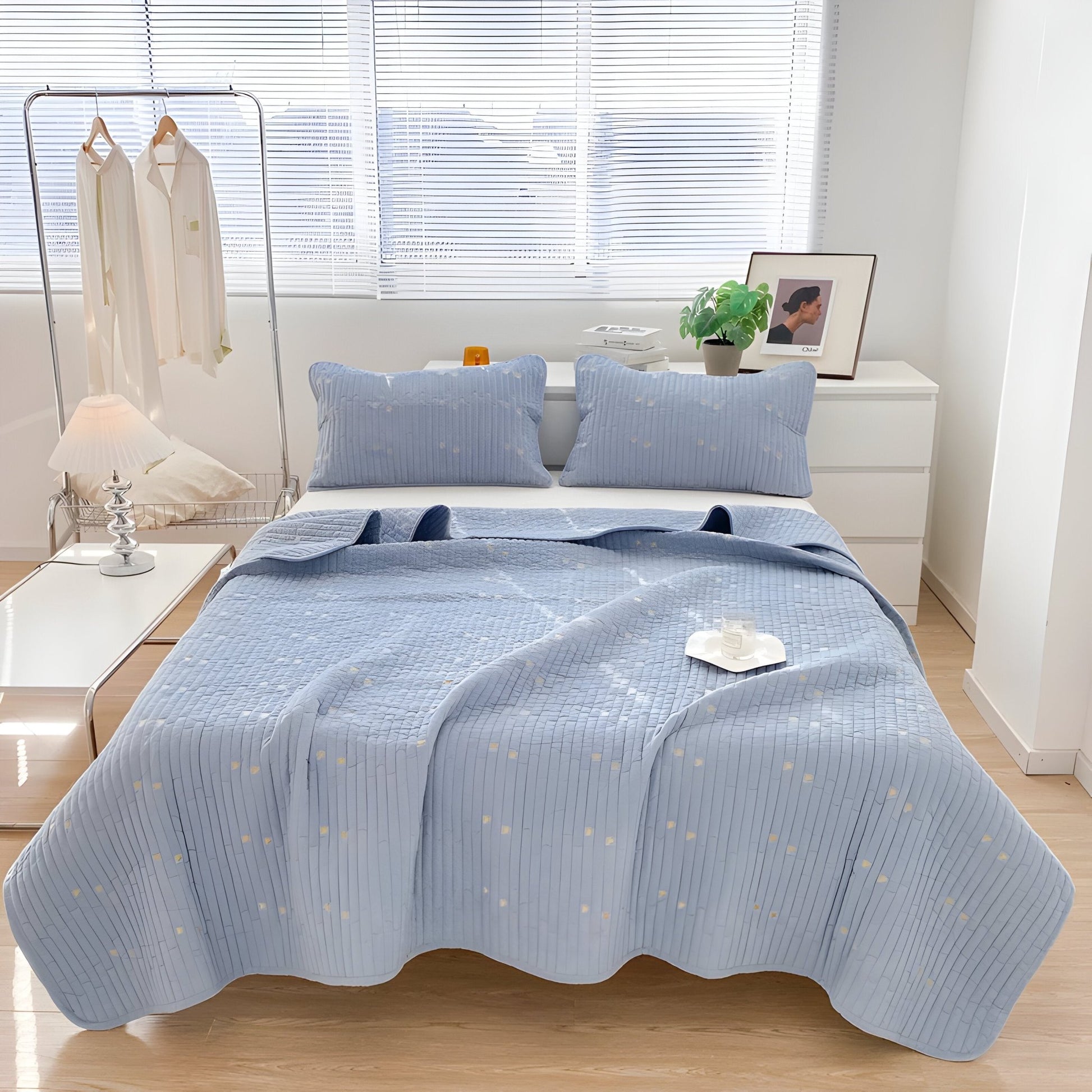 Adeline Washed Cotton Bedspread - Front Side View - Main Product Image - Blue