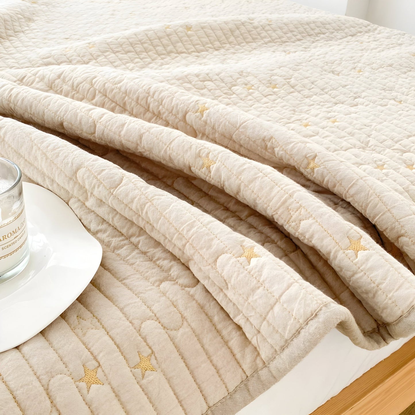 Adeline Washed Cotton Bedspread - Close Up Of Detailing - Cream