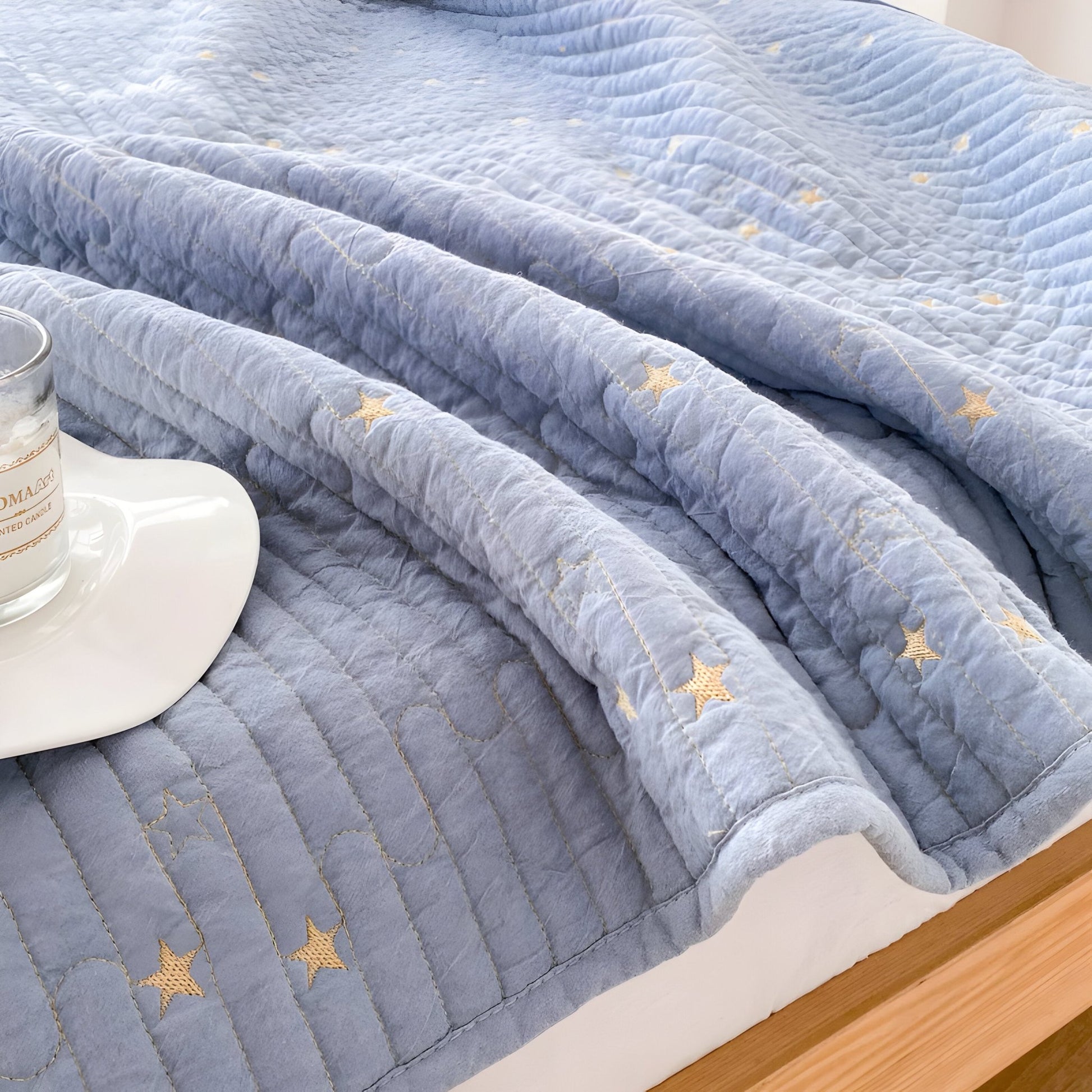 Adeline Washed Cotton Bedspread - Close Up - Blue