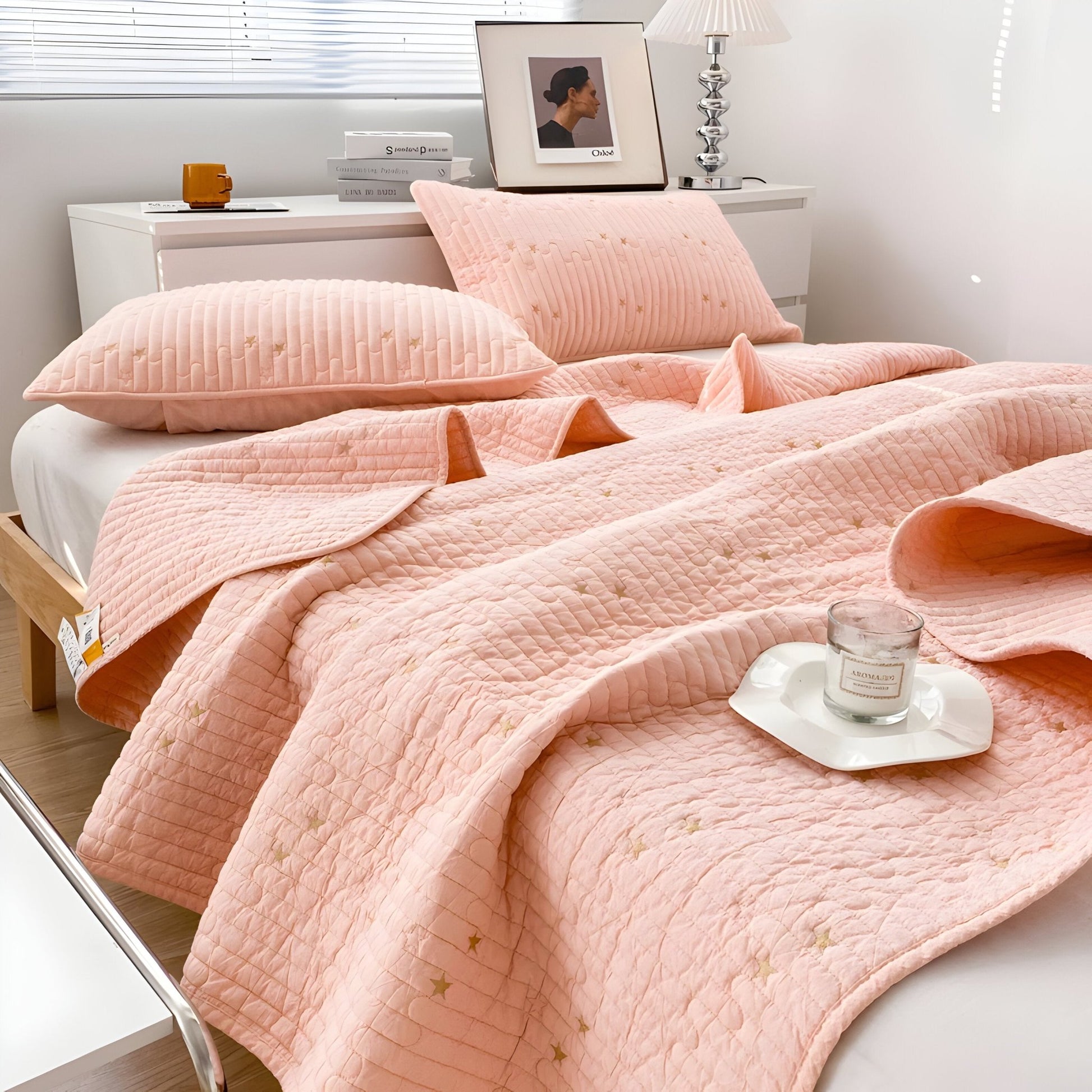 Adeline Washed Cotton Bedspread - Side View - Left Side - Peach