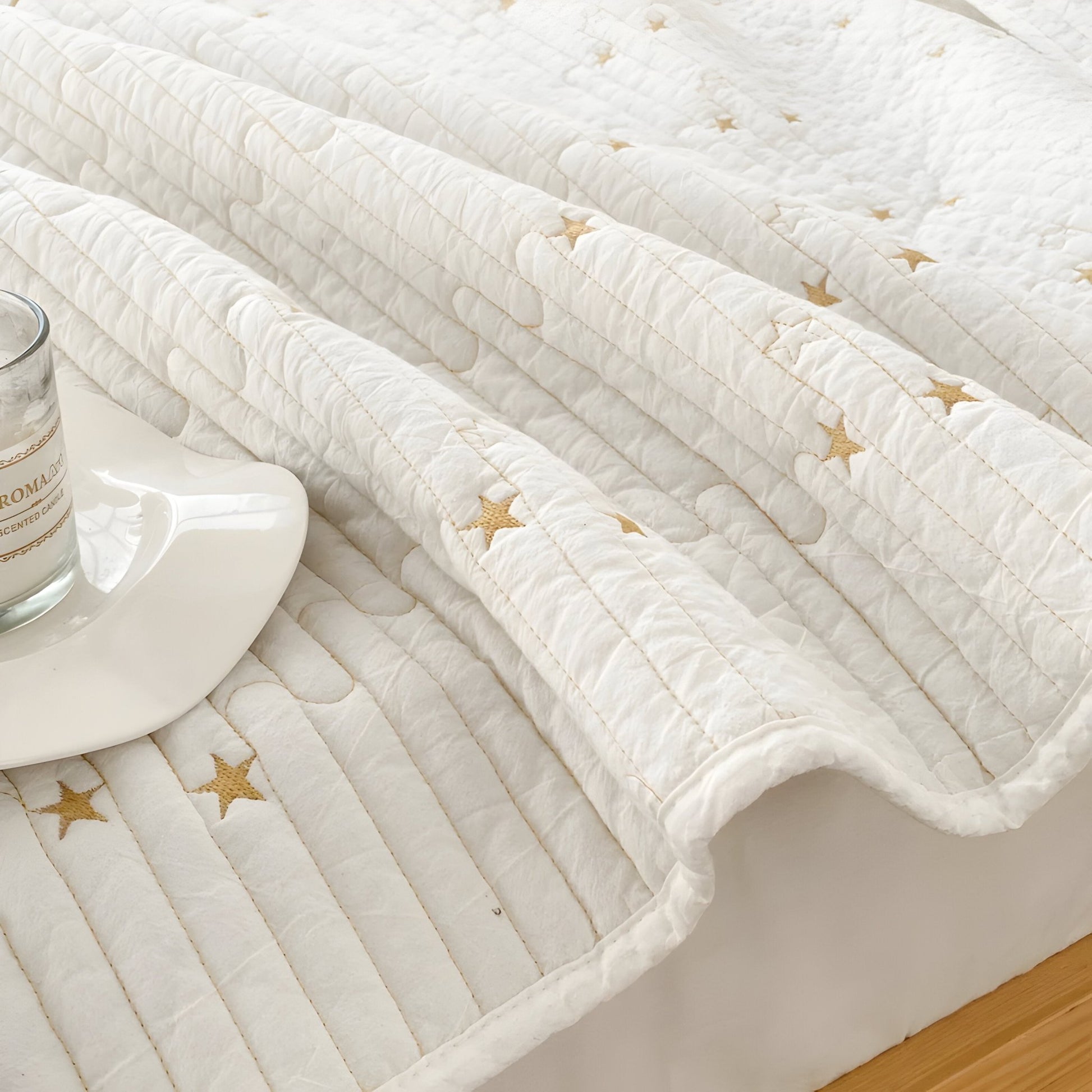 Adeline Washed Cotton Bedspread - Close Up Of Detailing - White