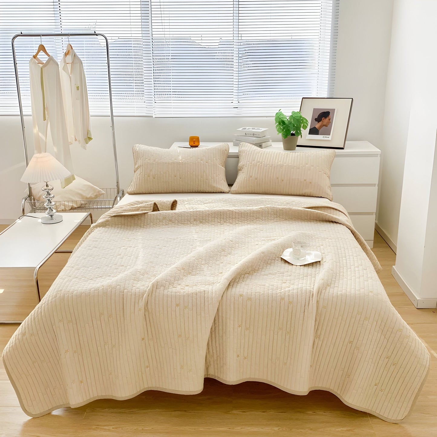 Adeline Washed Cotton Bedspread - Front Side View - Main Product Image - Cream