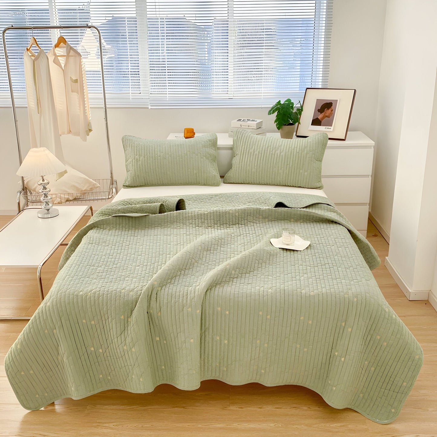 Adeline Washed Cotton Bedspread - Front Side View - Main Product Image - Lime Green