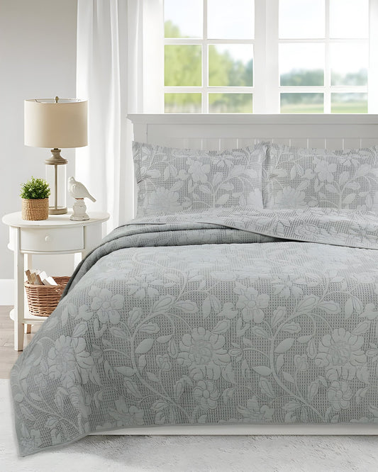 Alice Cotton Bedspread Set - Front Side View - Gray