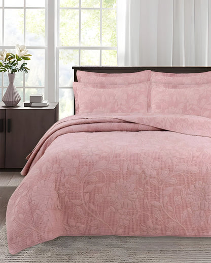 Alice Cotton Bedspread Set - Front Side View - Pale Mauve