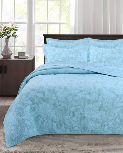 Alice Cotton Bedspread Set - Front Side View - Sky Blue