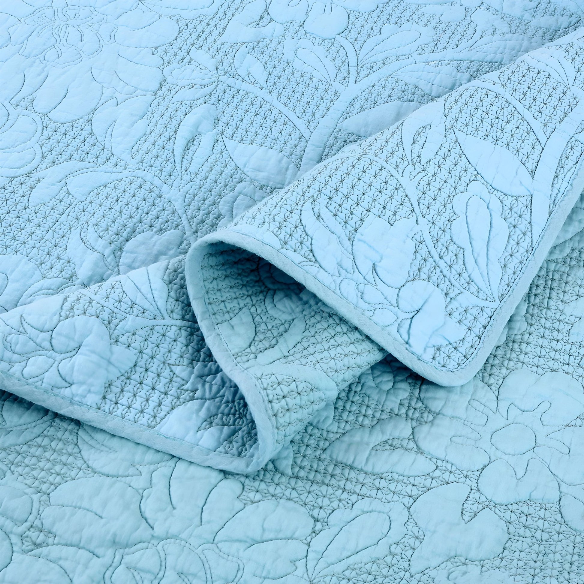 Alice Cotton Bedspread Set - Close Up - Sky Blue