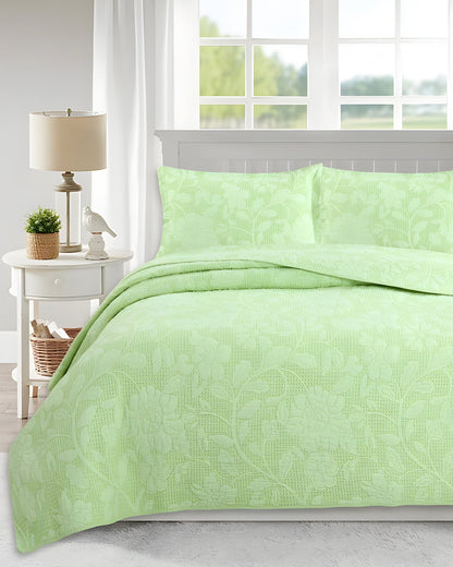 Alice Cotton Bedspread Set - Front Side View - Light Green