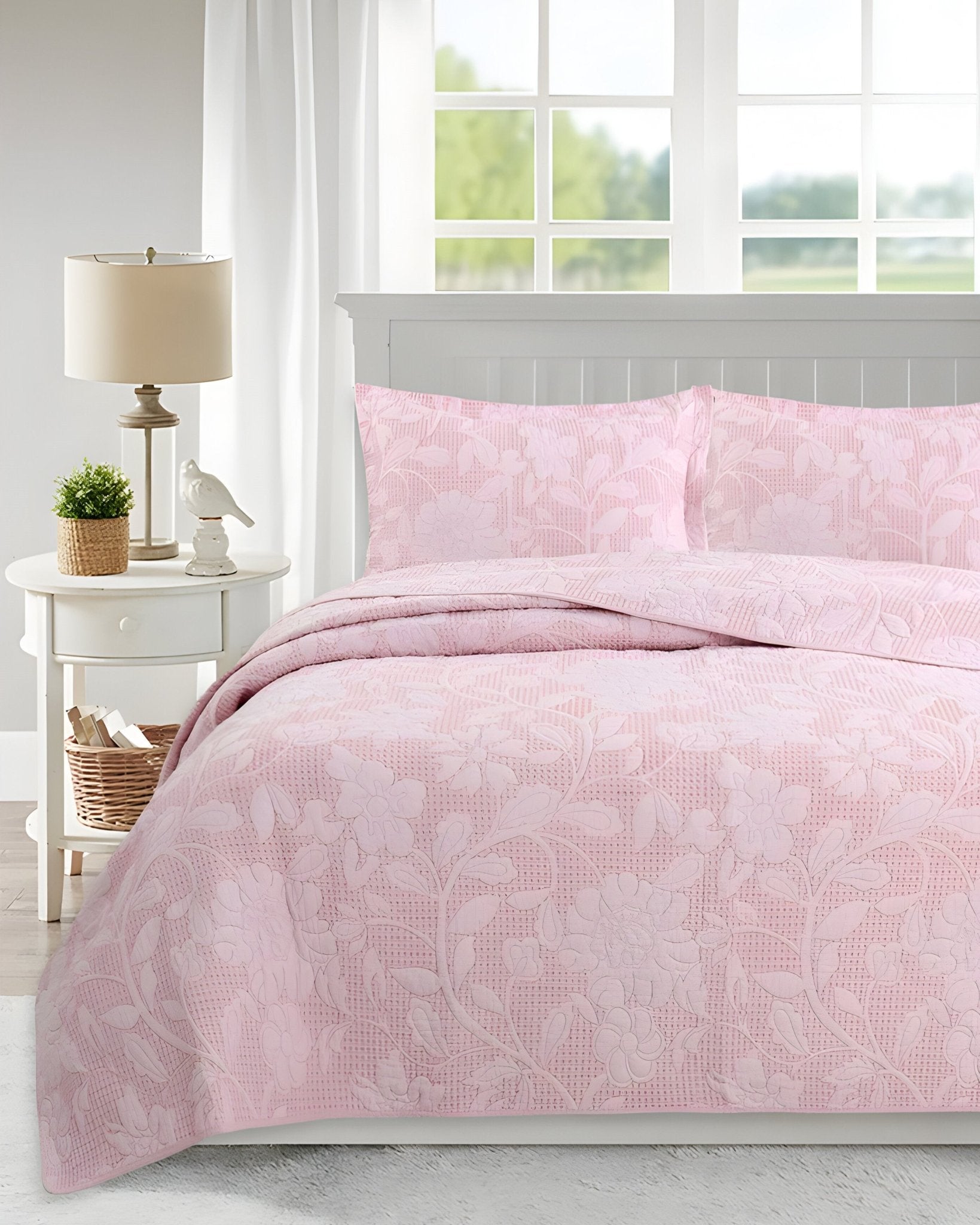 Alice Cotton Bedspread Set - Front Side View - Pink