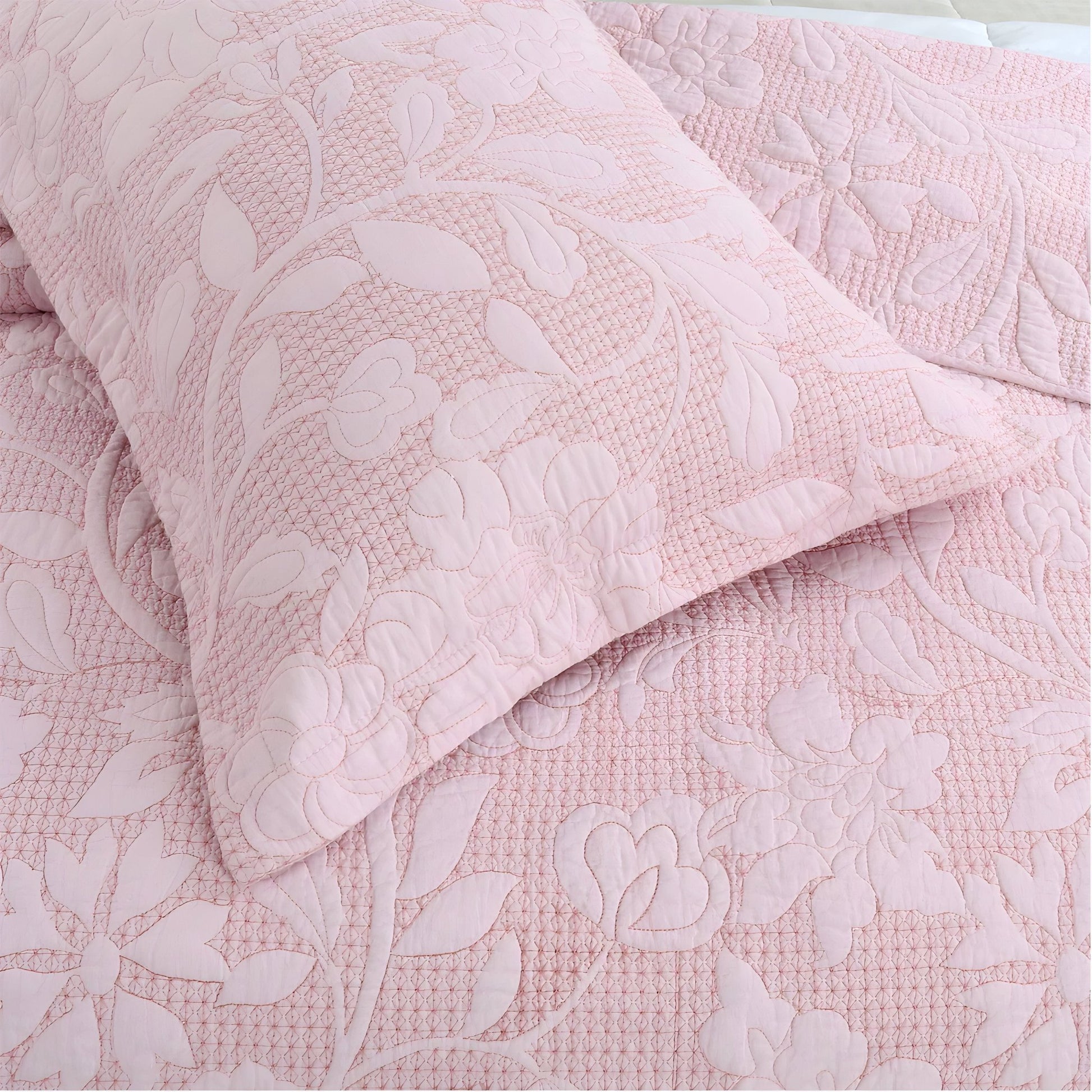 Alice Cotton Bedspread Set - Close Up Of Detailing - Pink