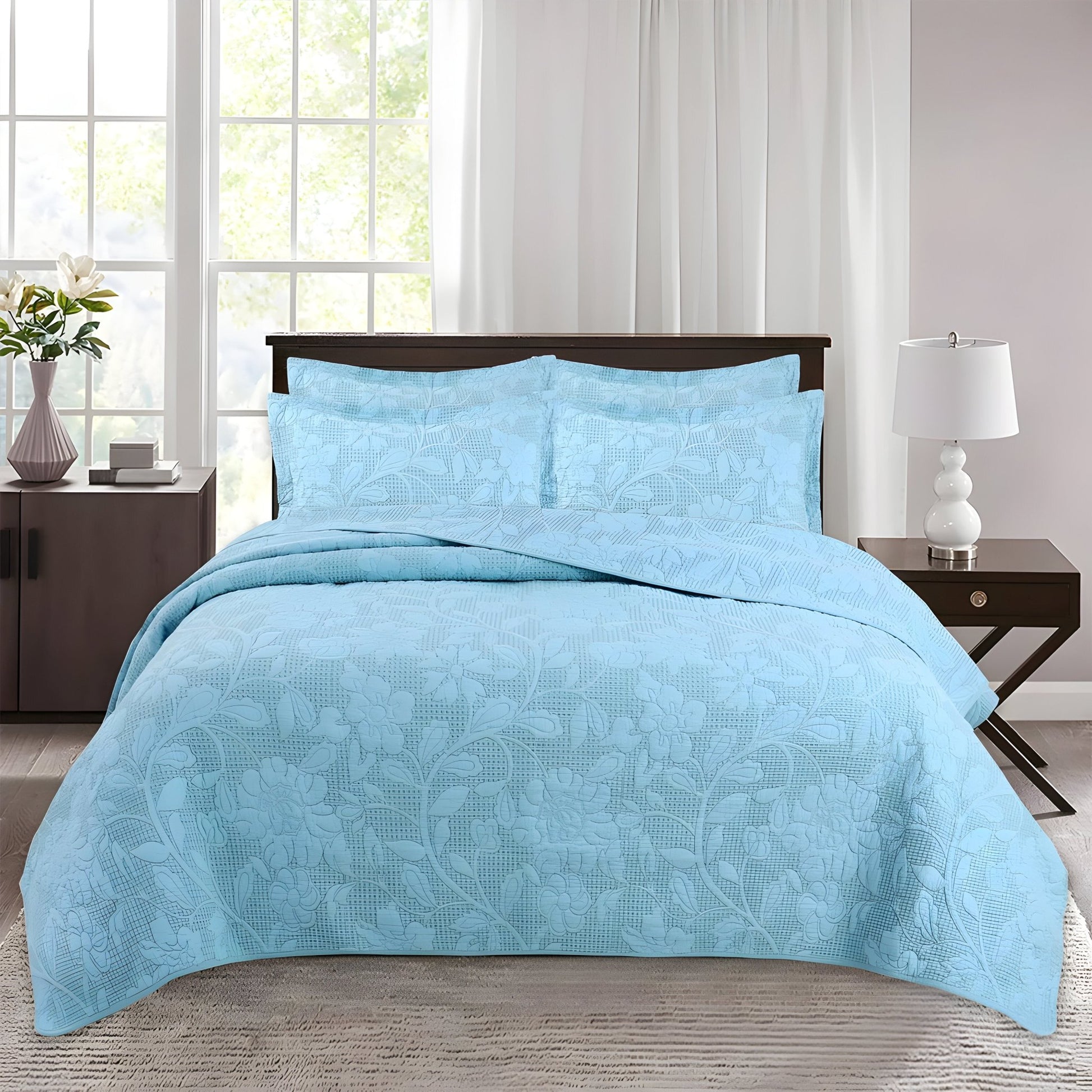 Alice Cotton Bedspread Set - Front Side View - Main Product Image - Sky Blue