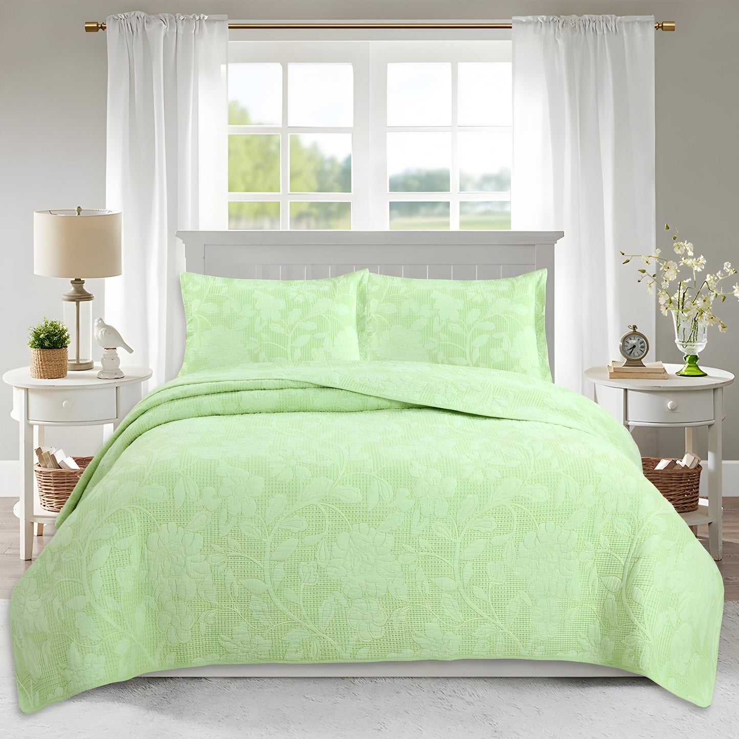 Alice Cotton Bedspread Set - Front Side View - Main Product Image - Light Green