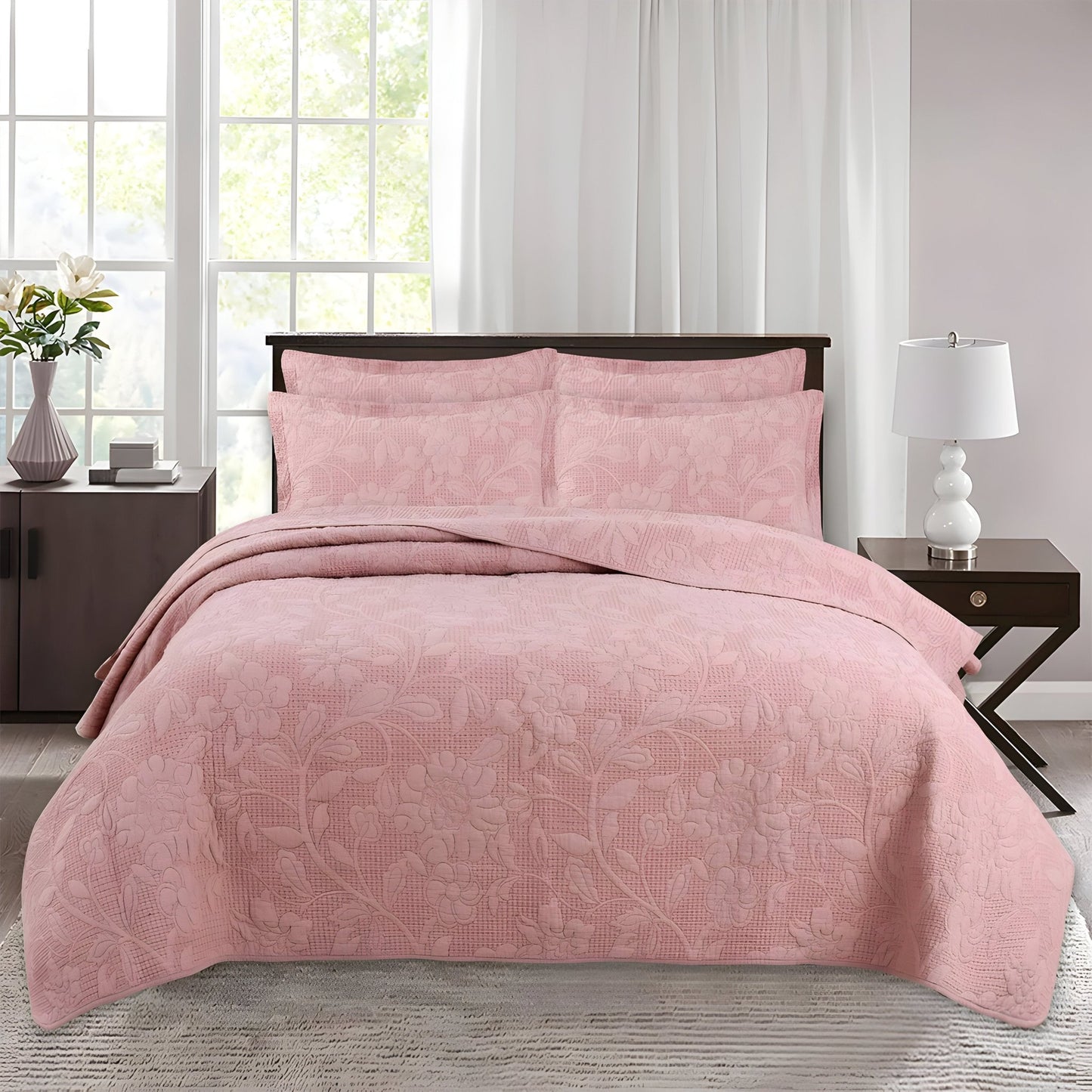 Alice Cotton Bedspread Set - Front Side View - Main Product Image - Pale Mauve