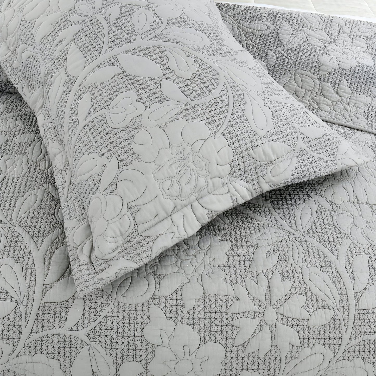 Alice Cotton Bedspread Set - Close Up Of Detailing - Gray