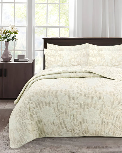 Alice Cotton Bedspread Set - Front Side View - Cream