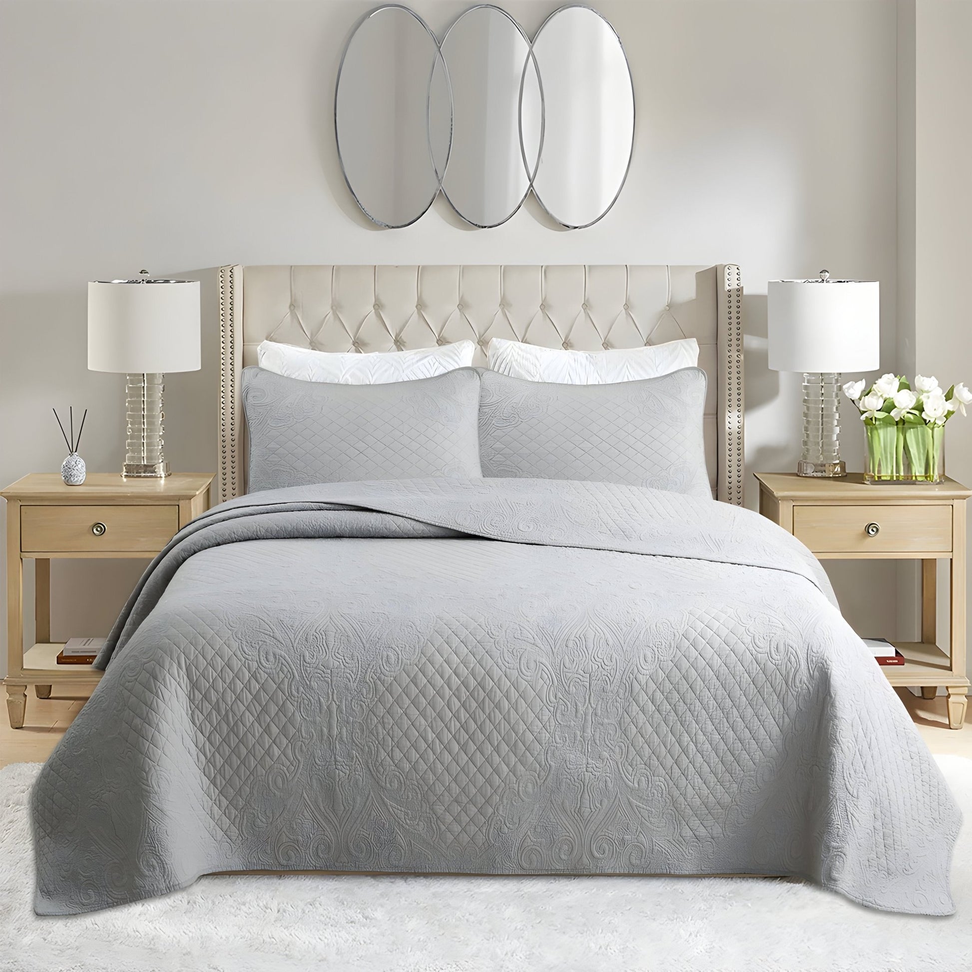 Alicia Cotton Bedspread Set - Front Side View - Main Product Image - Gray