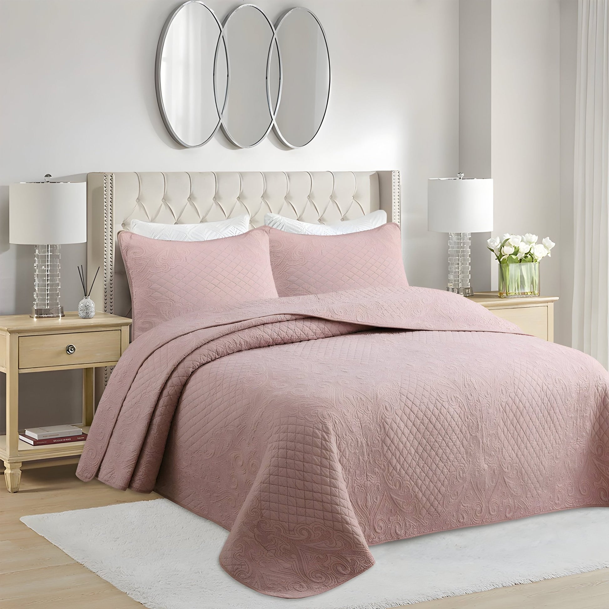 Alicia Cotton Bedspread Set - Side View - Left Side - Pink