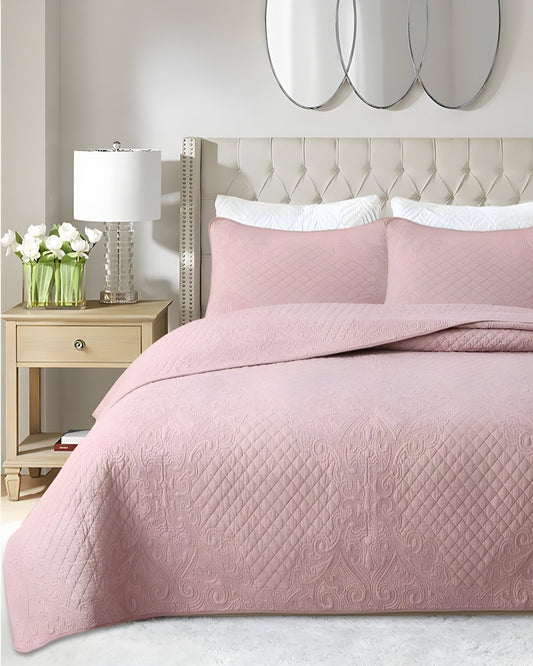 Alicia Cotton Bedspread Set - Front Side View - Pink