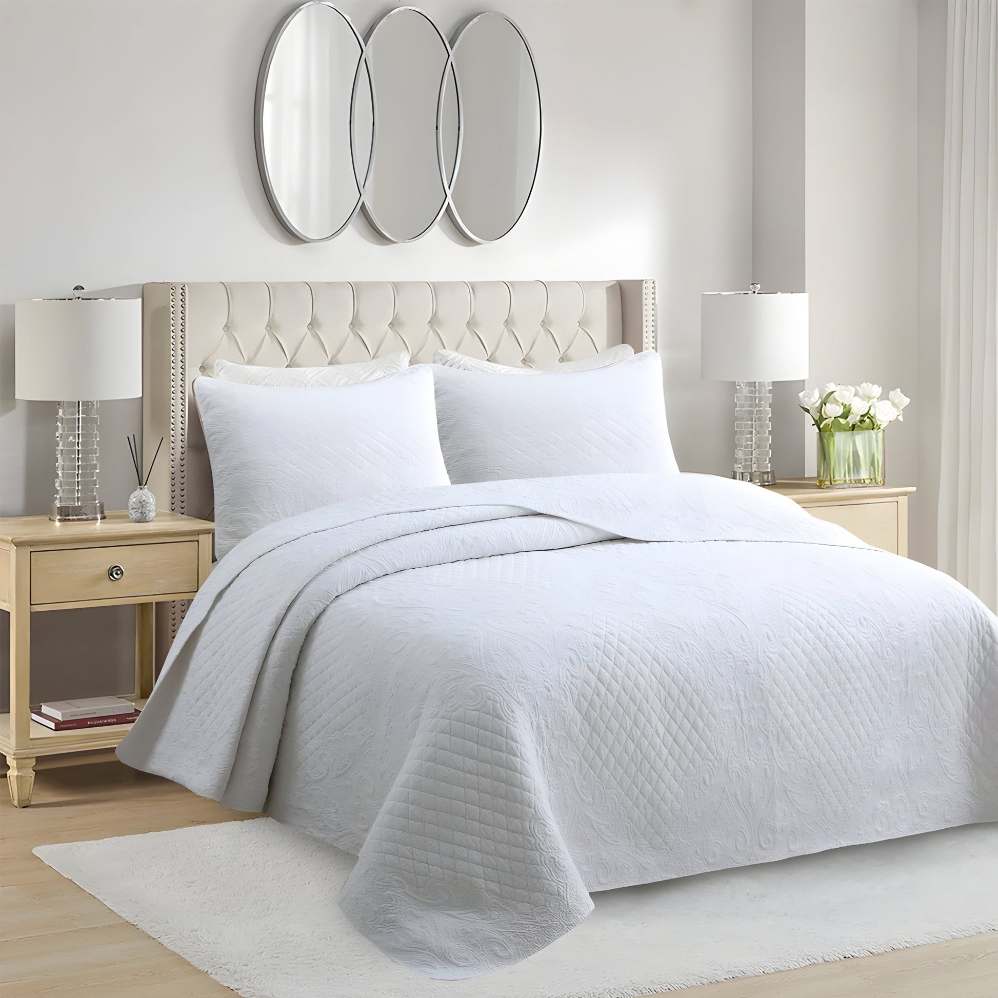 Alicia Cotton Bedspread Set - Side View - Left Side - White