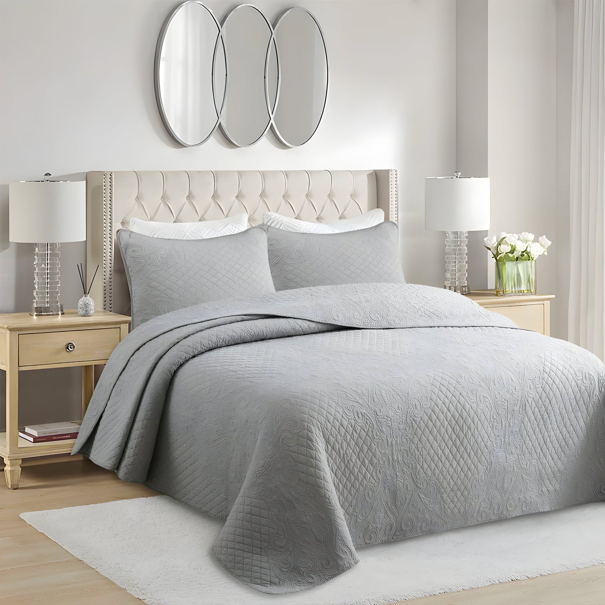 Alicia Cotton Bedspread Set - Side View - Left Side - Gray