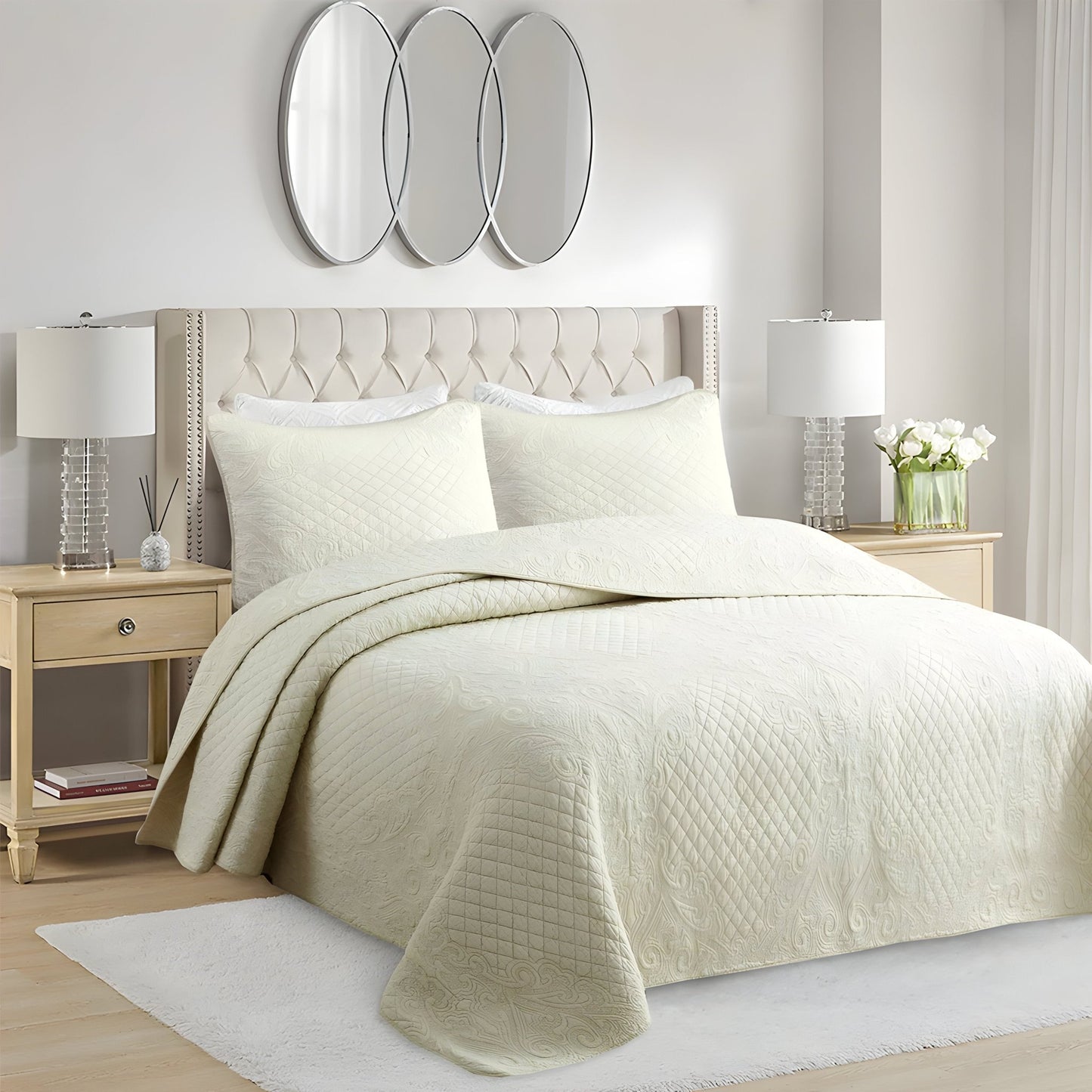 Alicia Cotton Bedspread Set - Side View - Left Side - Cream