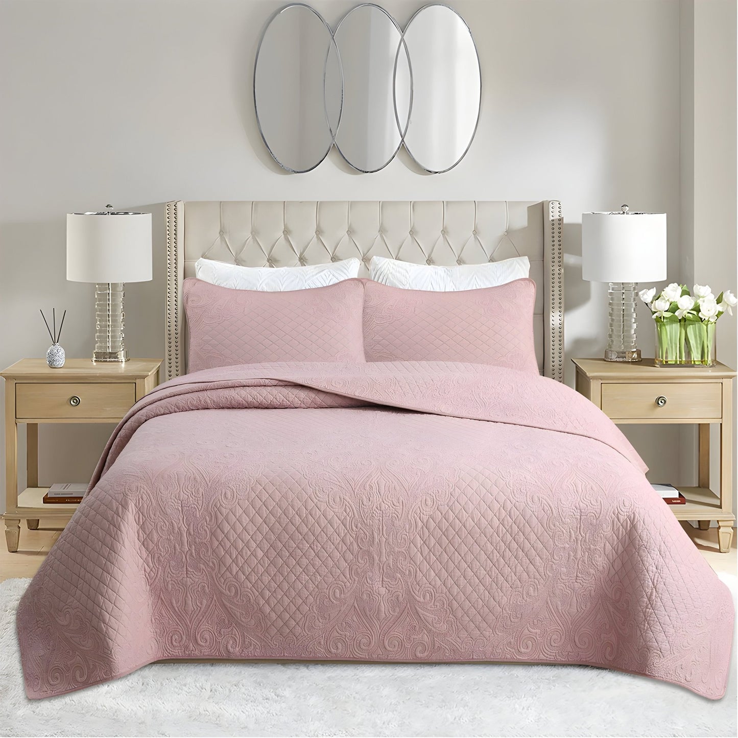 Alicia Cotton Bedspread Set - Front Side View - Main Product Image - Pink