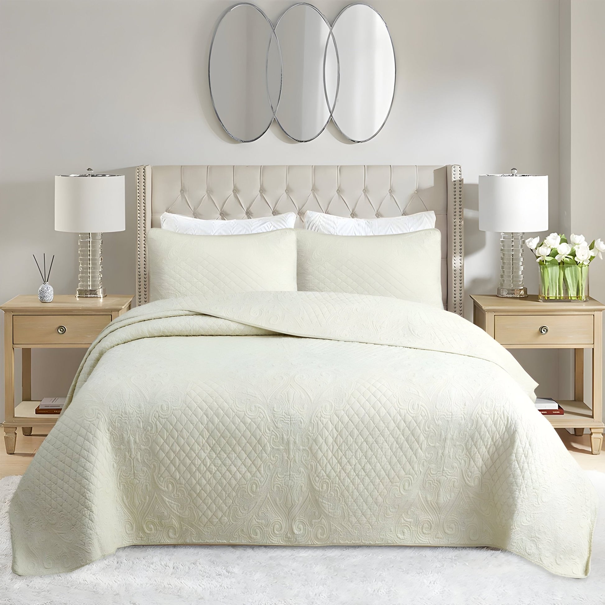 Alicia Cotton Bedspread Set - Front Side View - Main Product Image - Cream