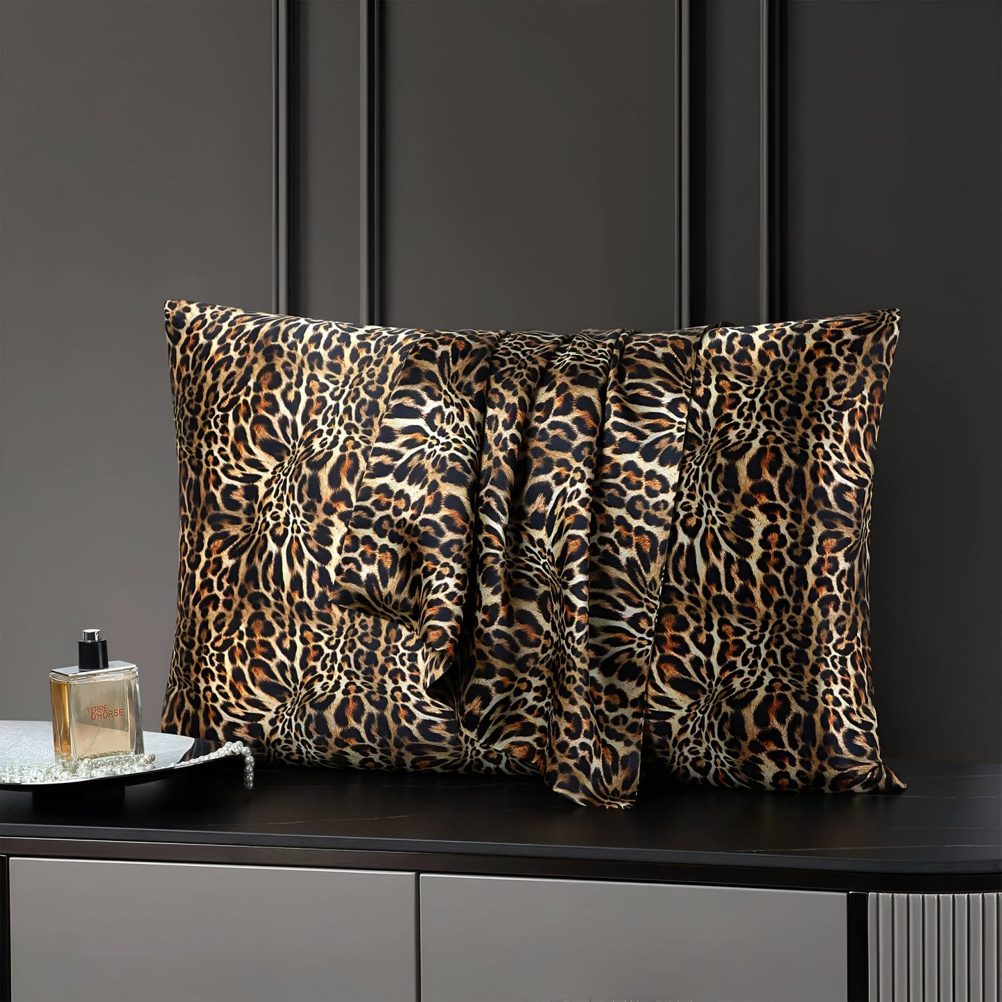 Alora Silk Pillowcase - Front Side View - Black Background - Multicolor