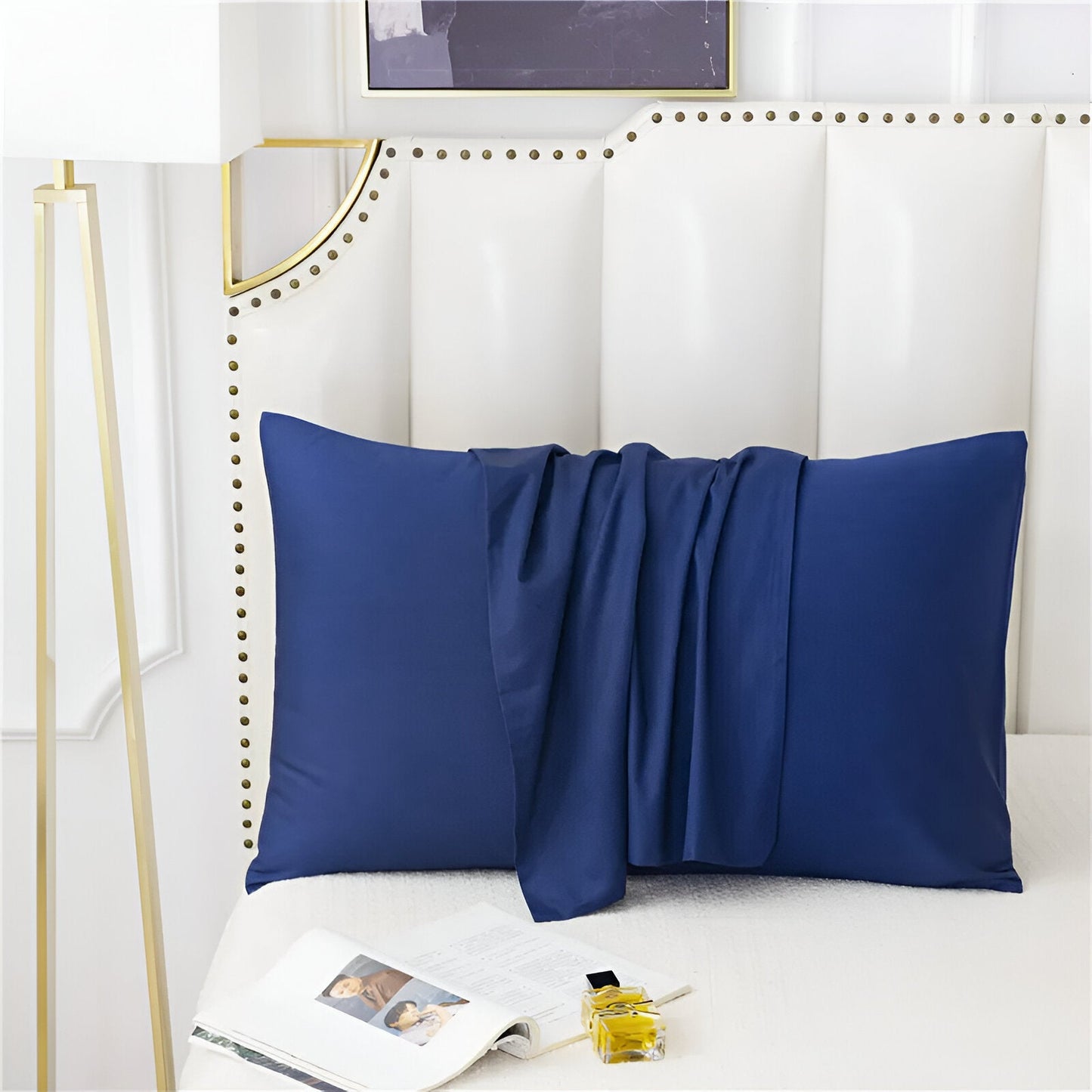 Amber Cotton Pillowcase Set (Set of 2) - Front Side View - Close Up - Imperial Blue