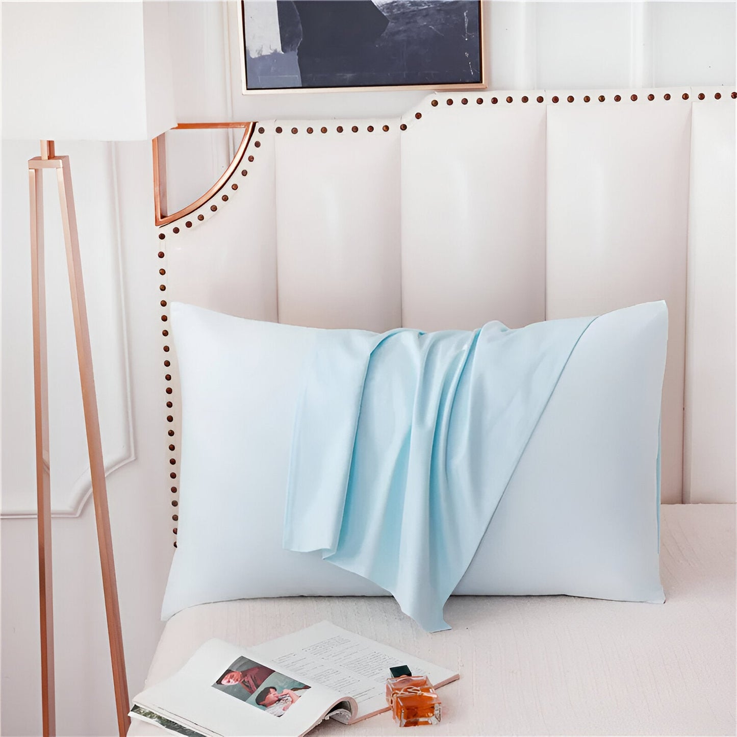 Amber Cotton Pillowcase Set (Set of 2) - Front Side View - Close Up - Pastel Blue