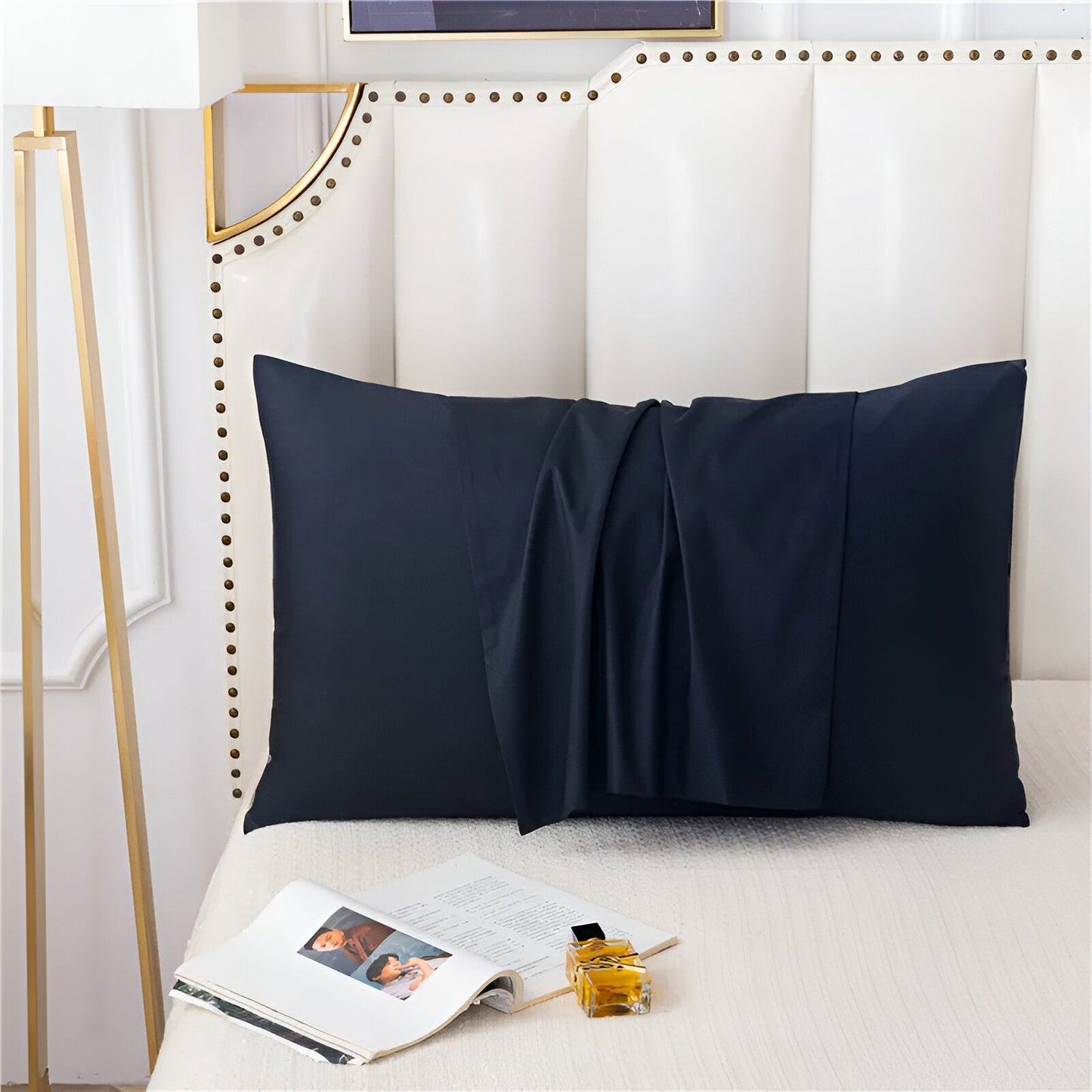 Amber Cotton Pillowcase Set (Set of 2) - Front Side View - Close Up - Navy Blue