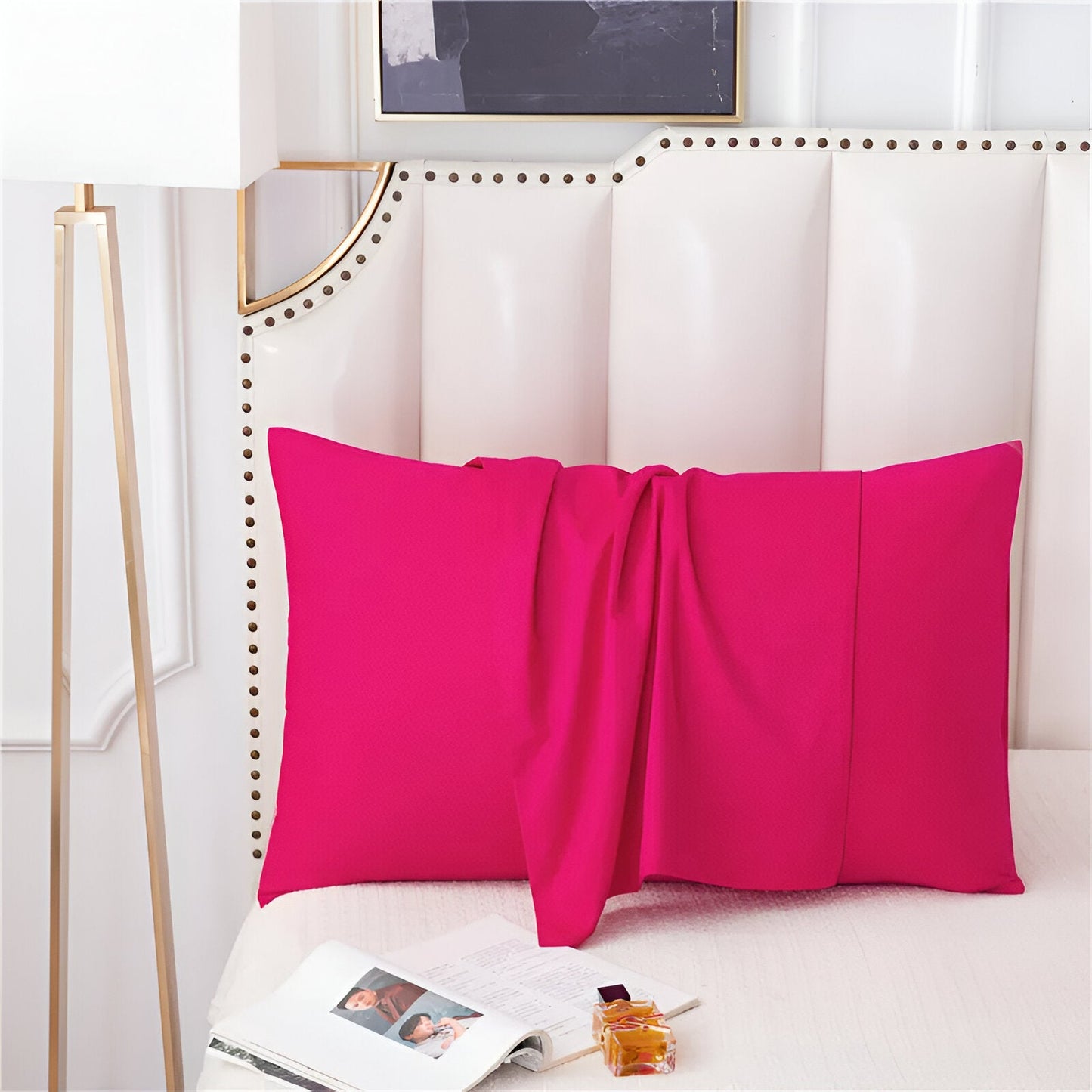 Amber Cotton Pillowcase Set (Set of 2) - Front Side View - Close Up - Hot Pink