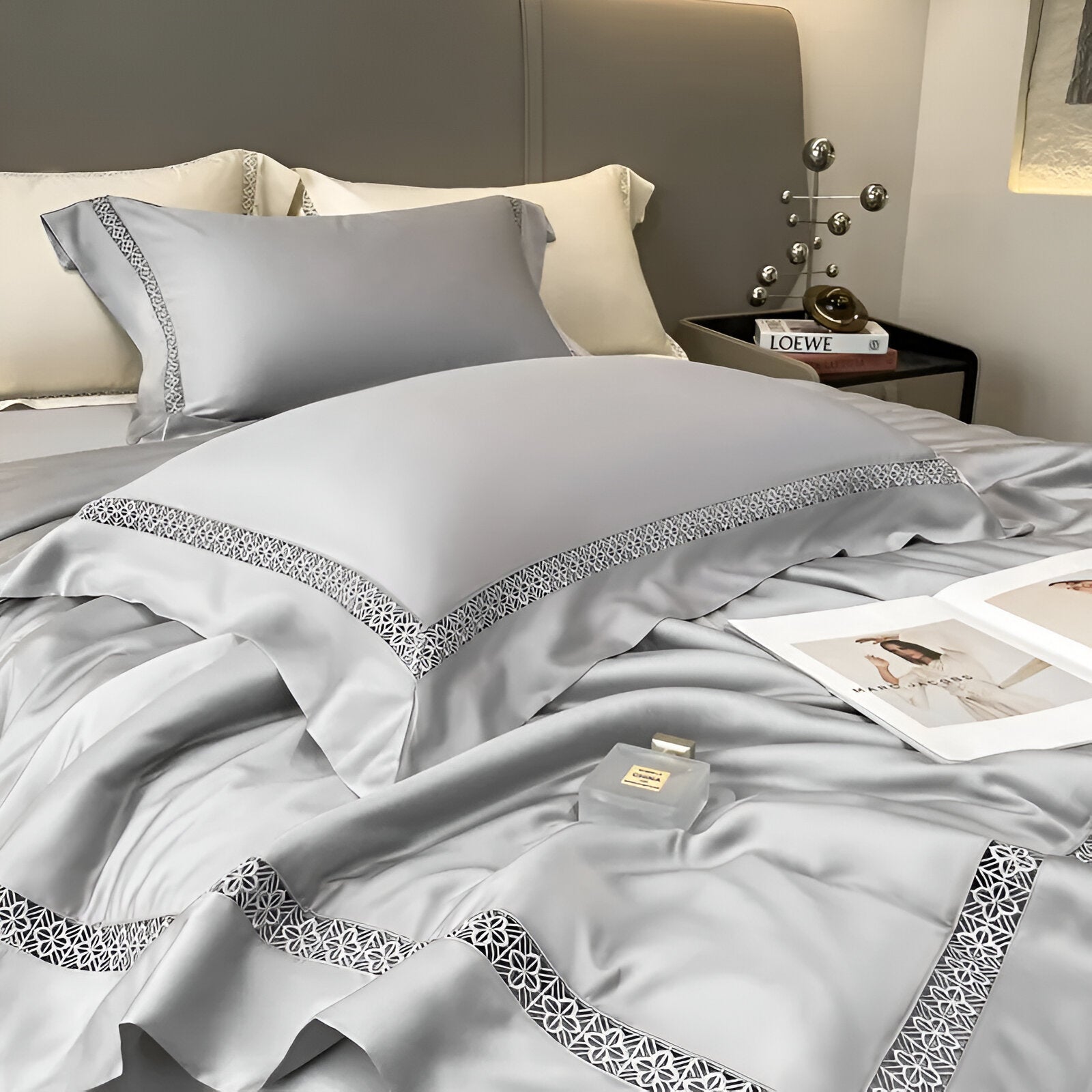 Anette Eucalyptus Coverlet Set - Close Up Of Detailing - Silver