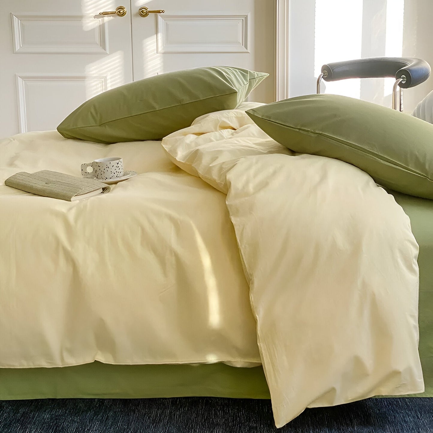 Annie Washed Cotton Bedding Set - Side View - Yellow - Green