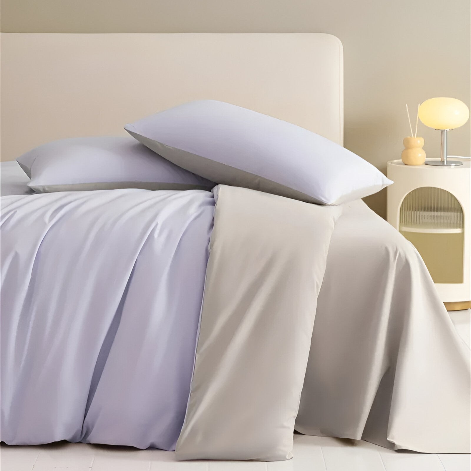 Audrey Brushed Cotton Bedding Set - Front View - 2 Pillowcases On Top Of a Duvet Cover - Purple