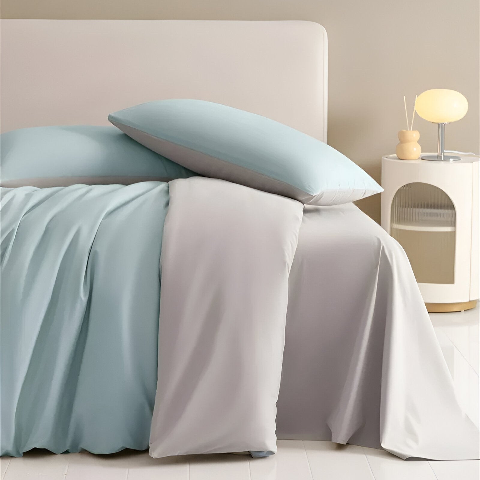 Audrey Brushed Cotton Bedding Set - Front View - 2 Pillowcases On Top Of a Duvet Cover - Light Blue