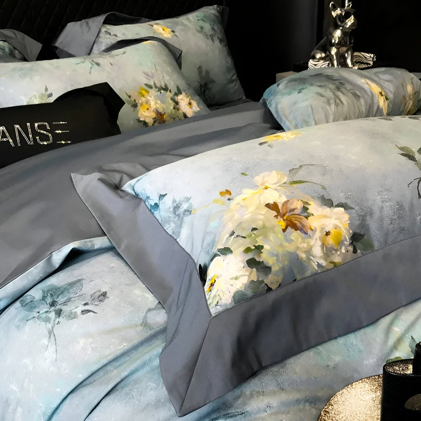 Autumn Egyptian Cotton Bedding Set - Close Up On Pillowcase - Blue