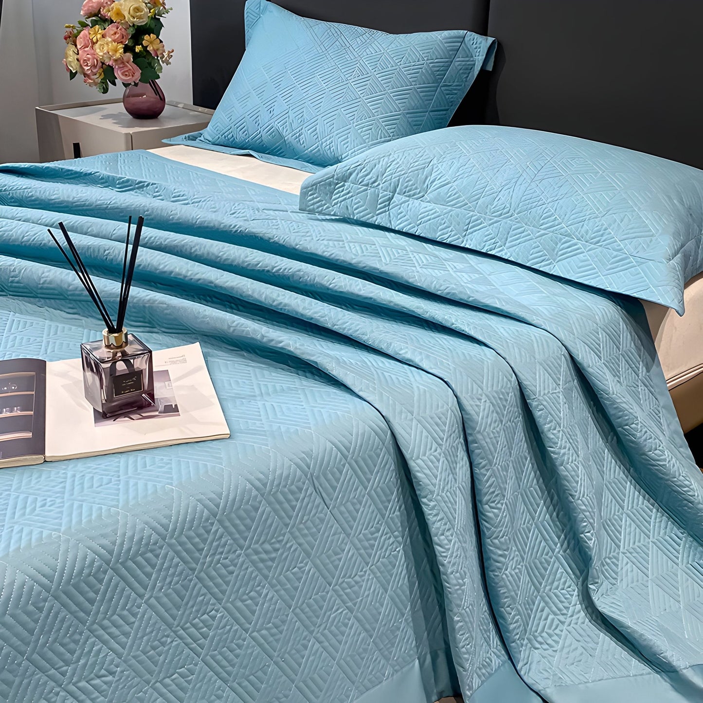 Ava Cotton Bedspread Set - Side View - Right Side - Sky Blue