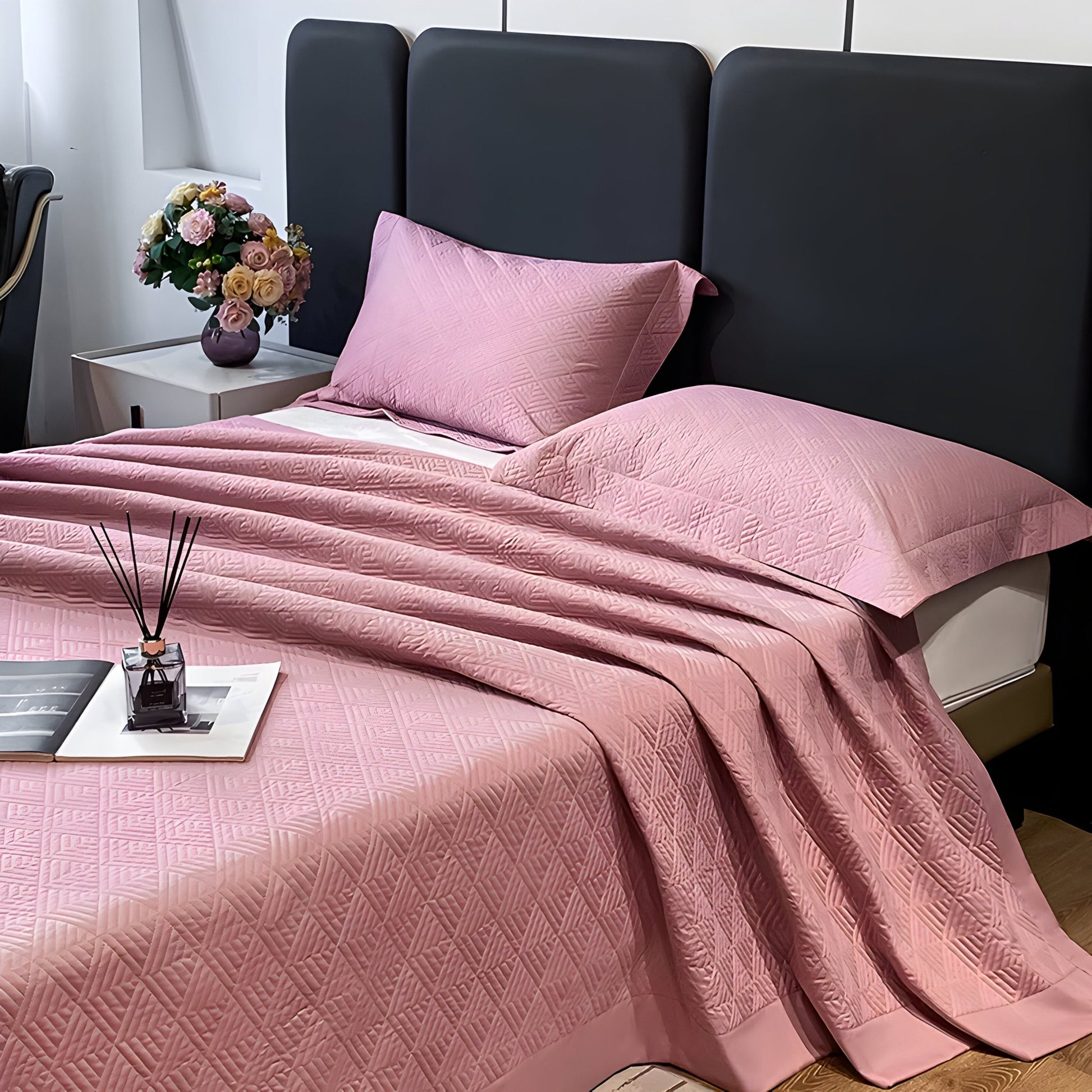 Ava Cotton Bedspread Set - Side View - Right Side - Pink