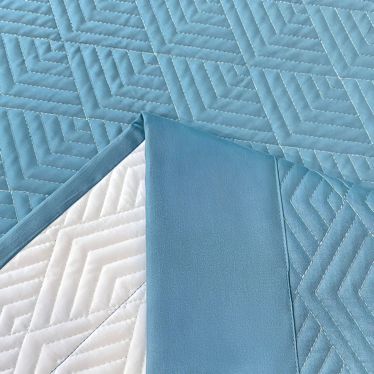 Ava Cotton Bedspread Set - Close Up Of Detailing - Sky Blue