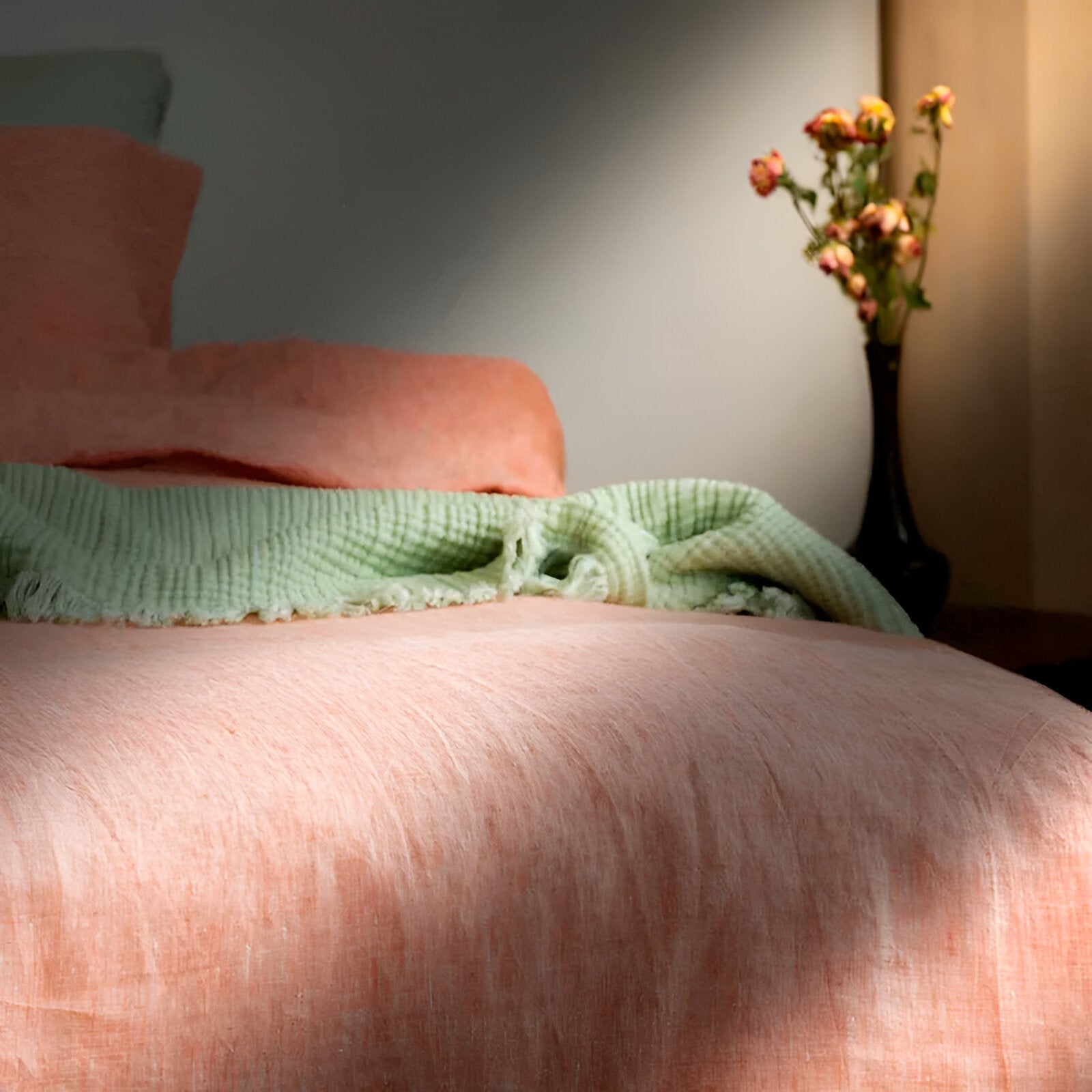 Blair Linen Bedding Set - Front View - Close Up On Duvet Cover - Pink